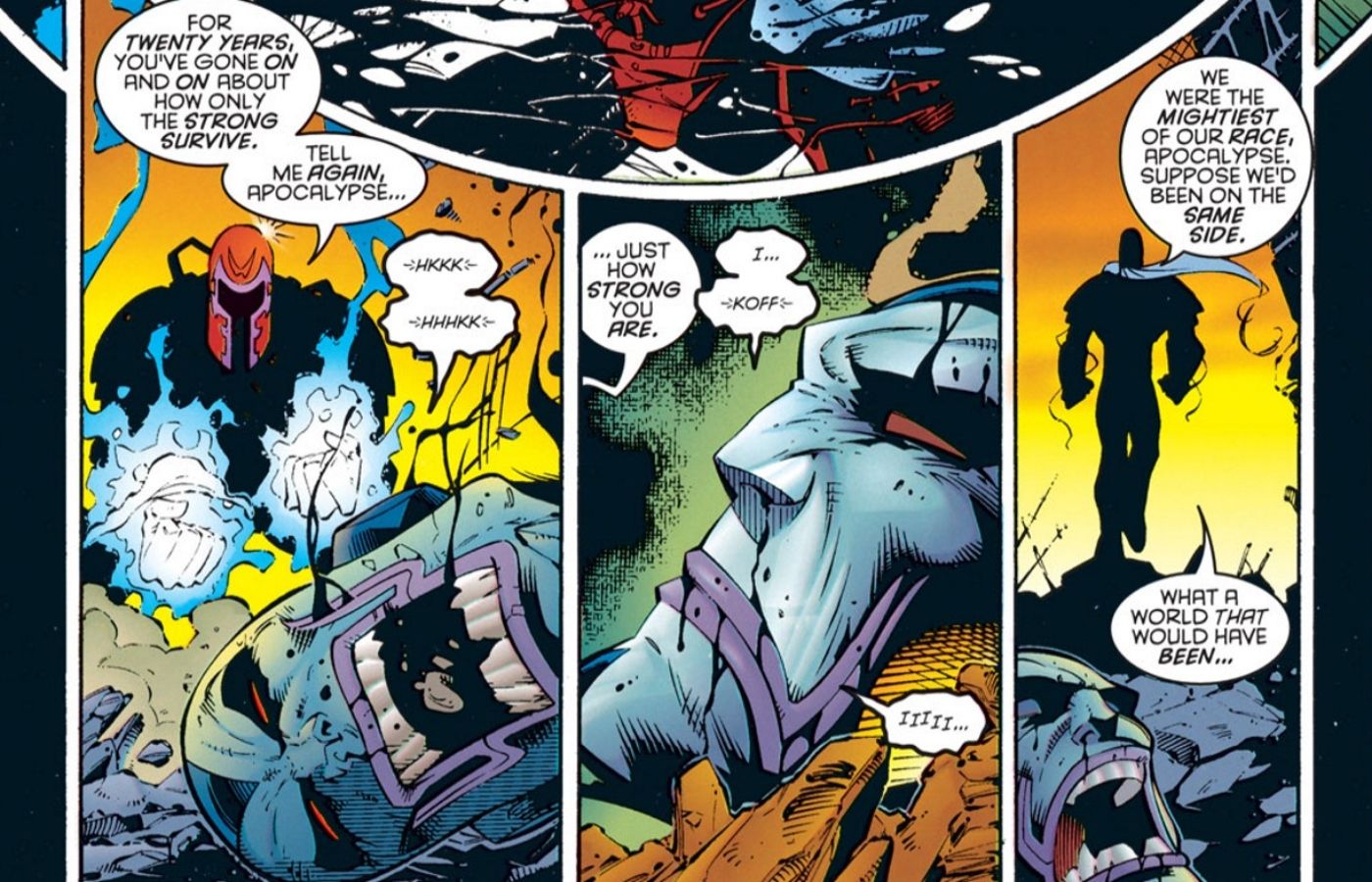 Magneto killing Apocalypse in the Age of Apocalypse.