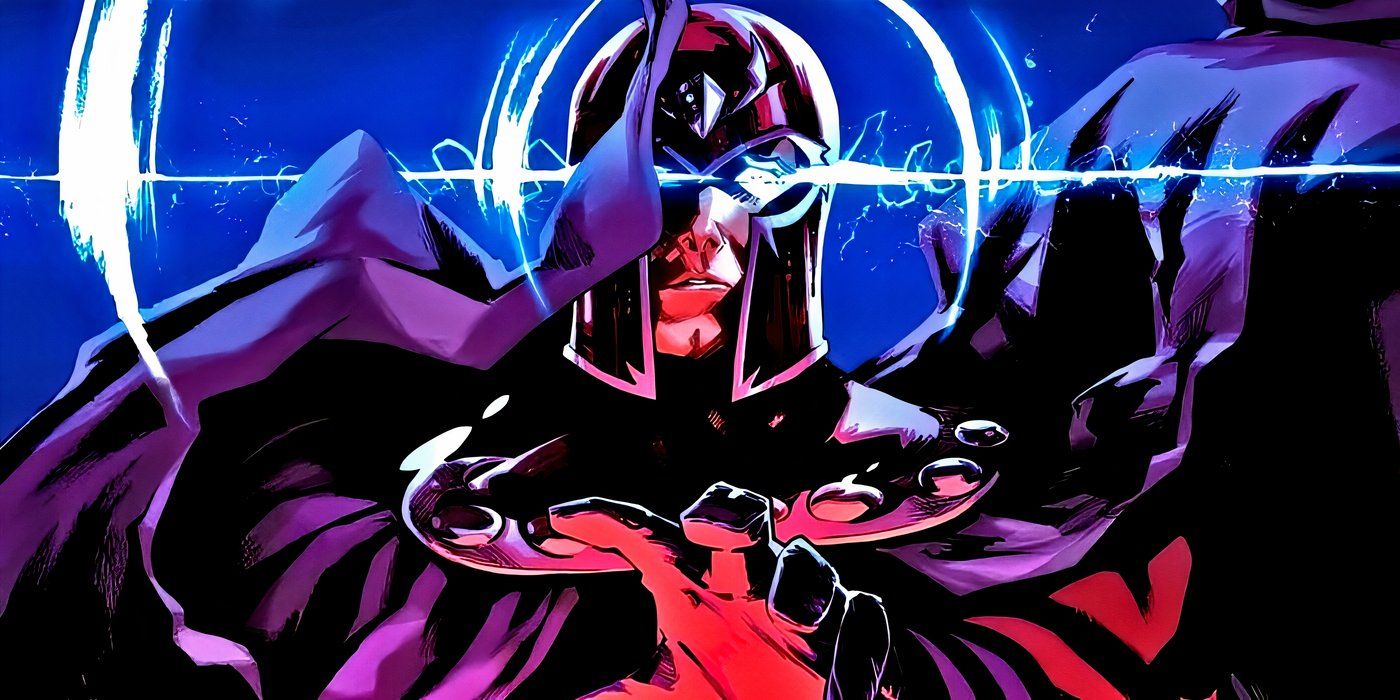 Magneto raising his hand while his eyes glow with power.