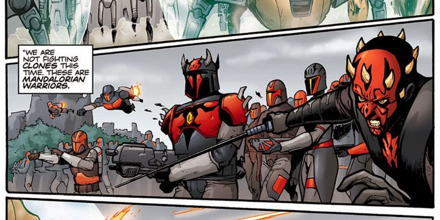 Darth Maul fighting a droid army with his Mandalorian Death Watch.