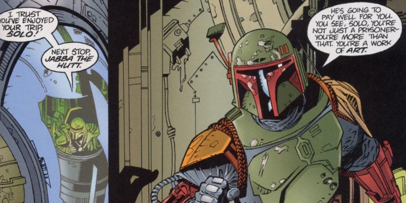 Star Wars' Boba Fett bringing Han Solo to Jabba the Hutt.