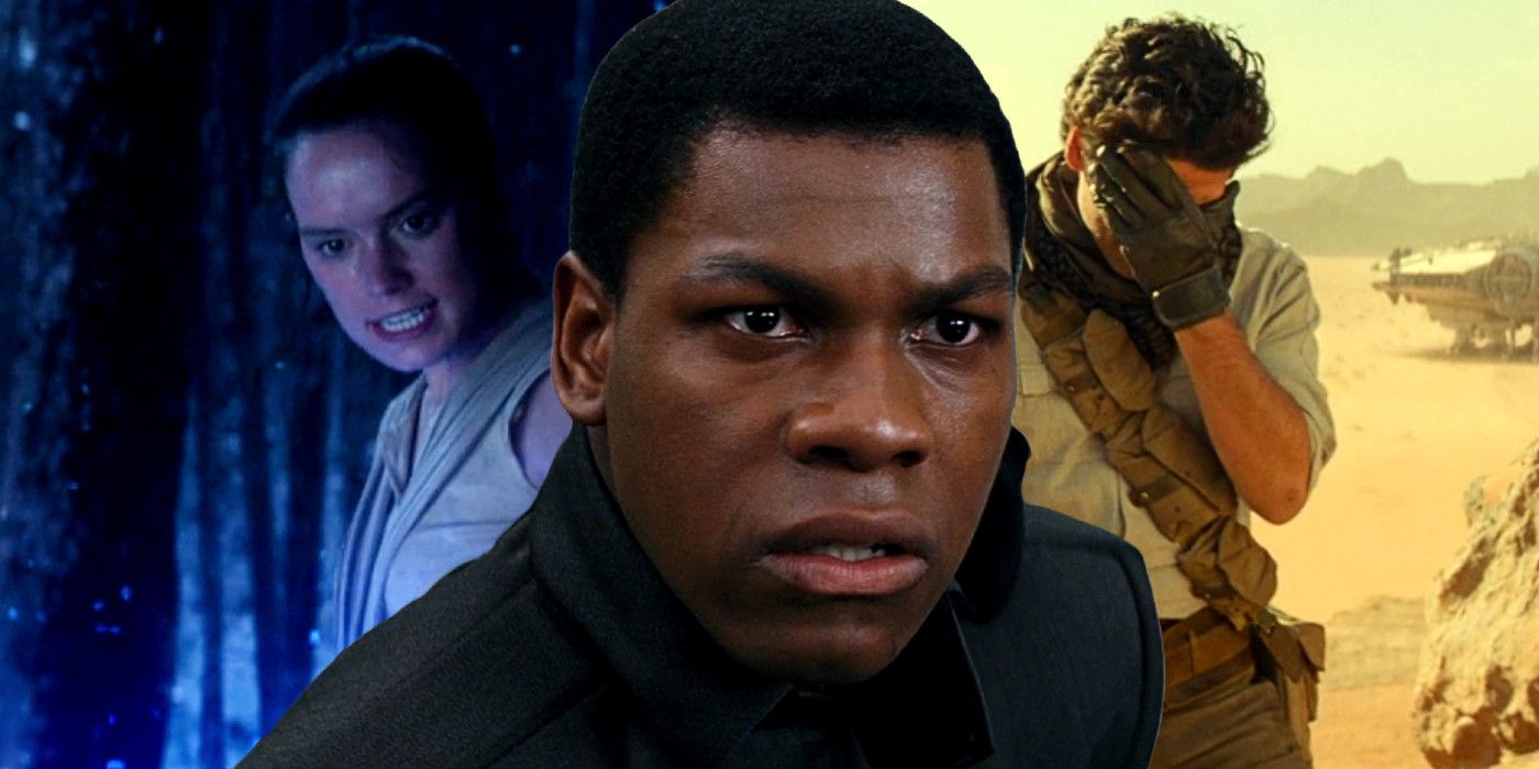 Left: Rey looming over Kylo Ren in Star Wars: The Force Awakens; Center: Finn staring intently in Star Wars: The Last Jedi; Center: Poe Dameron with his face in his hand in Star Wars: The Rise of Skywalker.