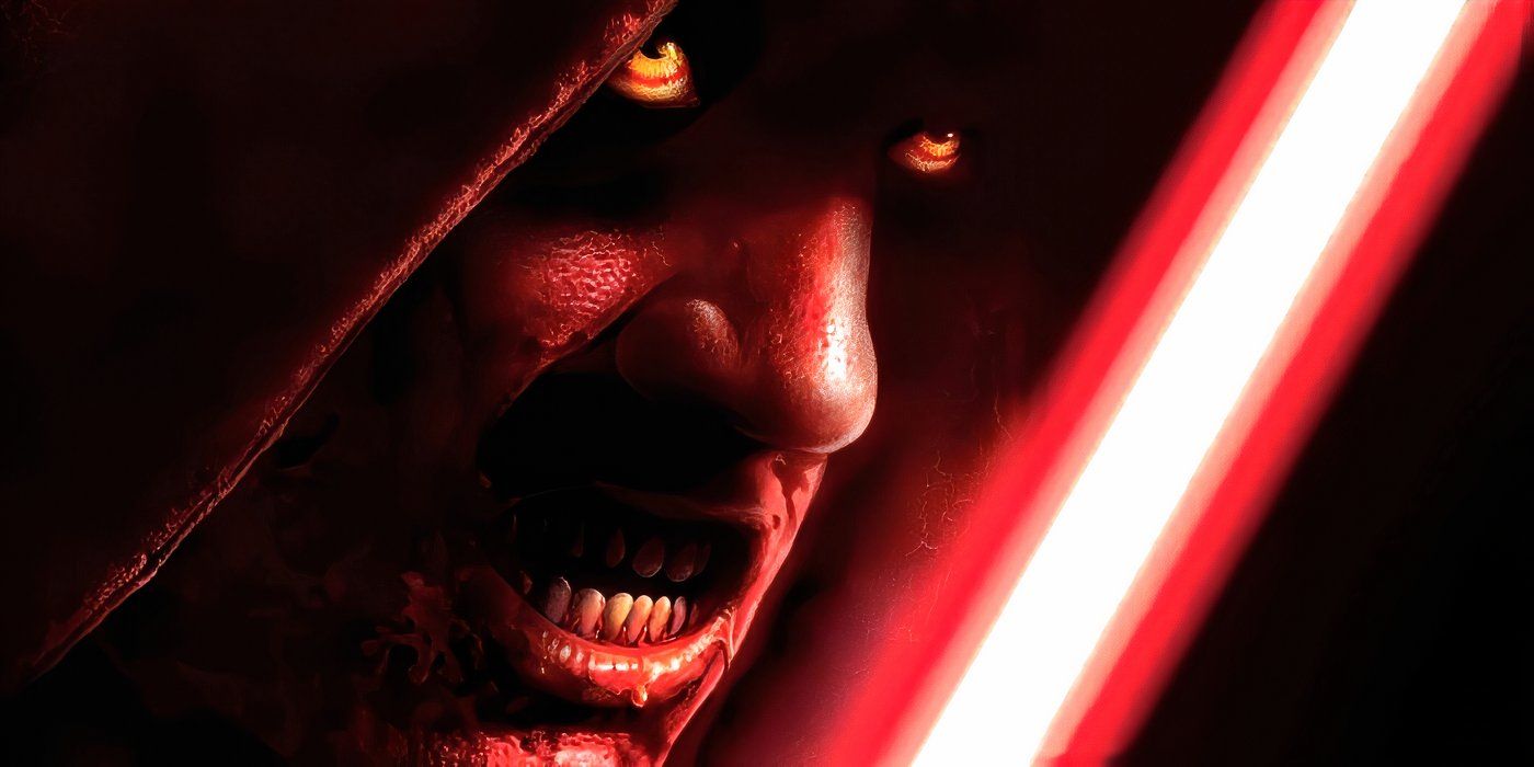 A Sith wielding a red lightsaber in Star Wars.