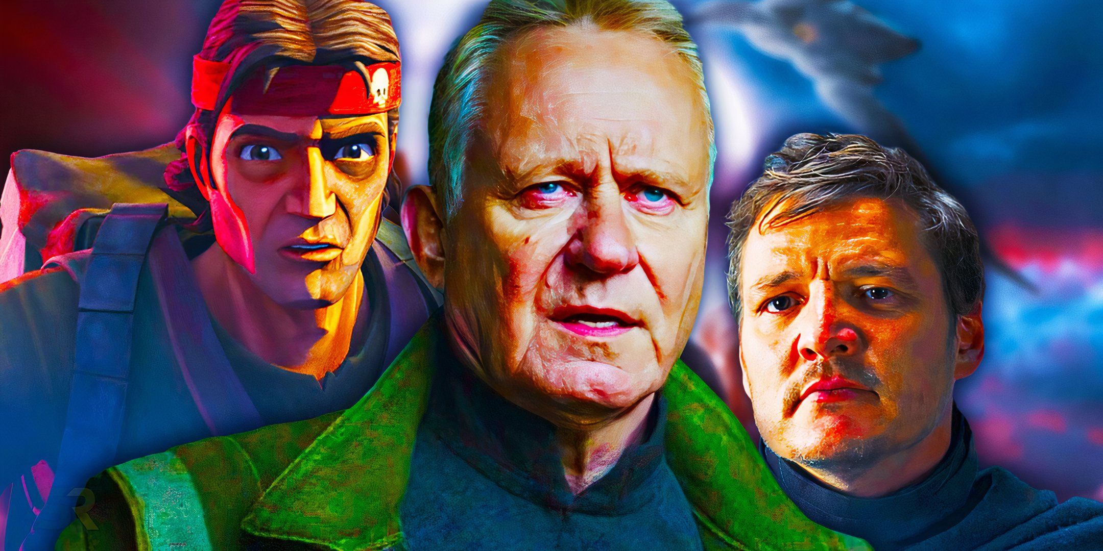 Hunter of The Bad Batch, Stellan Skarsgård's Luthen Rael of Andor, and Pedro Pascal's Din Djarin of The Mandalorian edited together in Star Wars