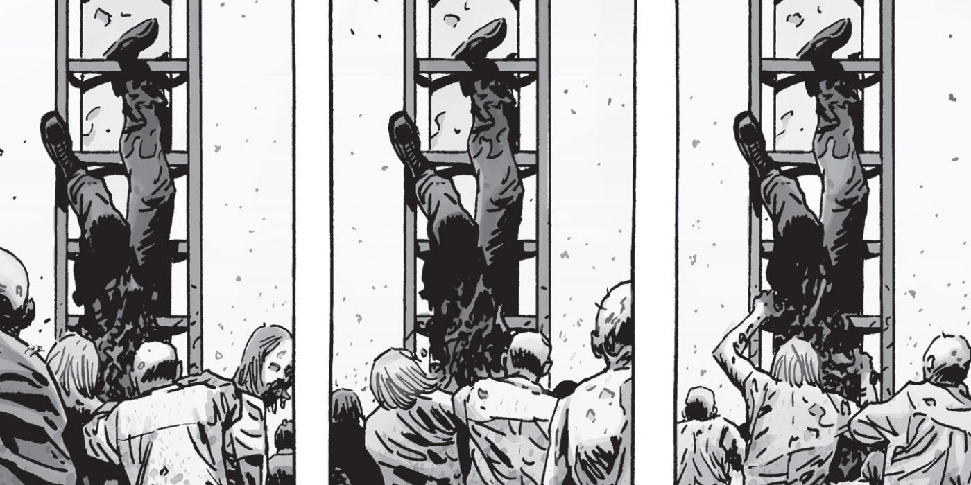 The Walking Dead's Gabriel hanging upside down from a ladder, getting eaten by zombies.