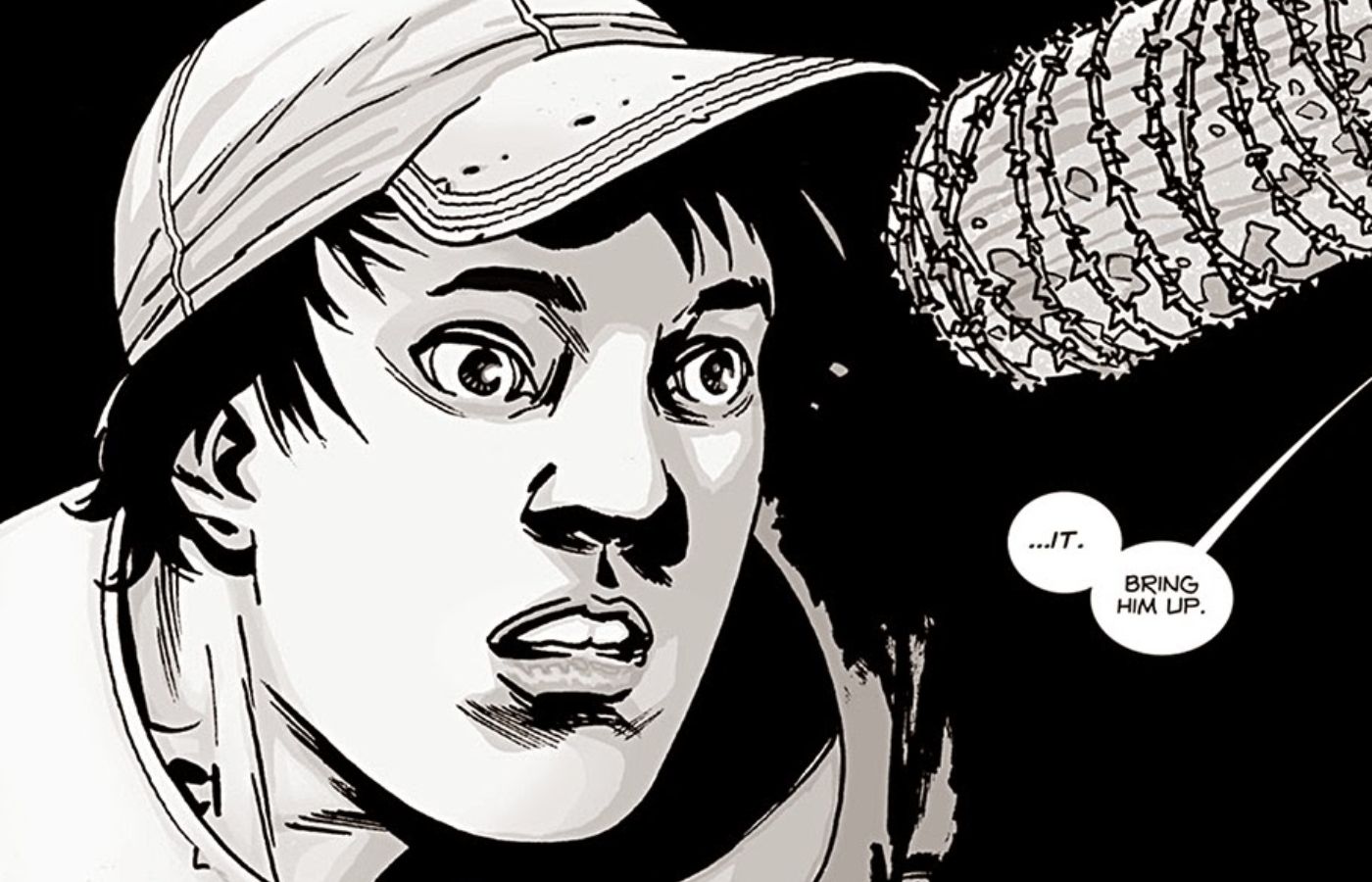 Negan point his baseball bat at Glenn, choosing him to die in The Walking Dead.