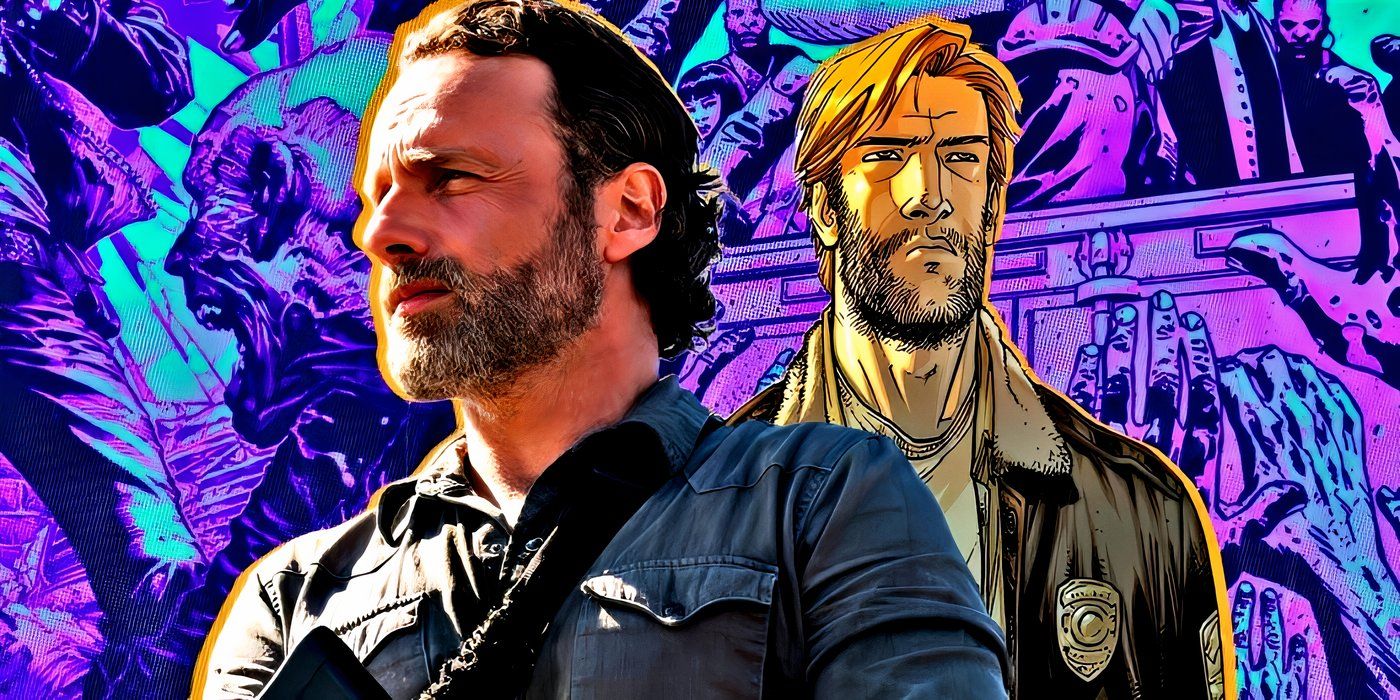 Live-action and comic book Rick Grimes side-by-side in front of comic panels featuring zombies in The Walking Dead.