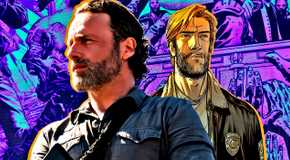 Live-action and comic book Rick Grimes side-by-side in front of comic panels featuring zombies in The Walking Dead.