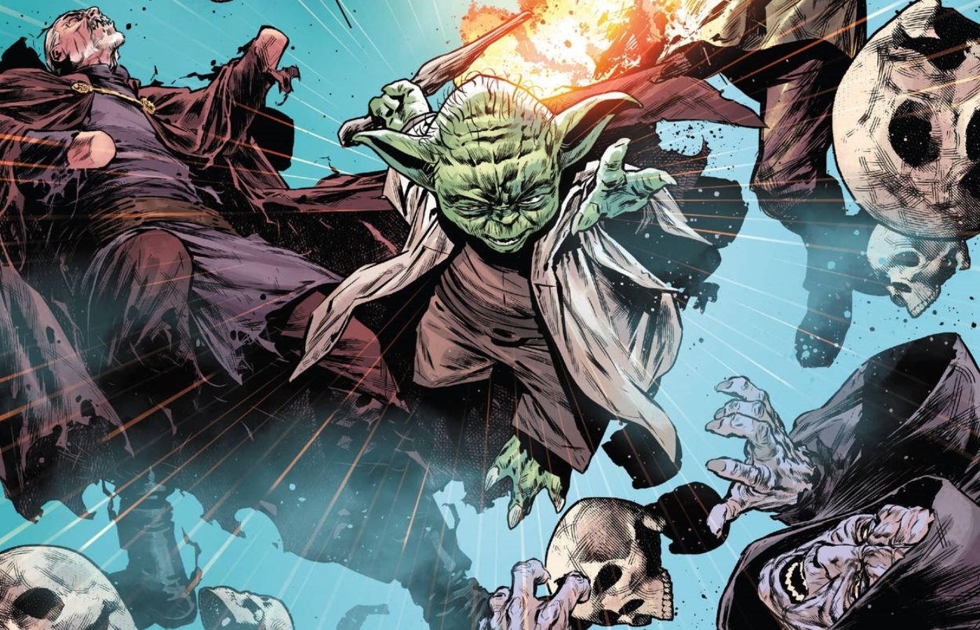 Yoda battling the 'spirits' of Count Dooku, Anakin Skywalker, and Emperor Palpatine.