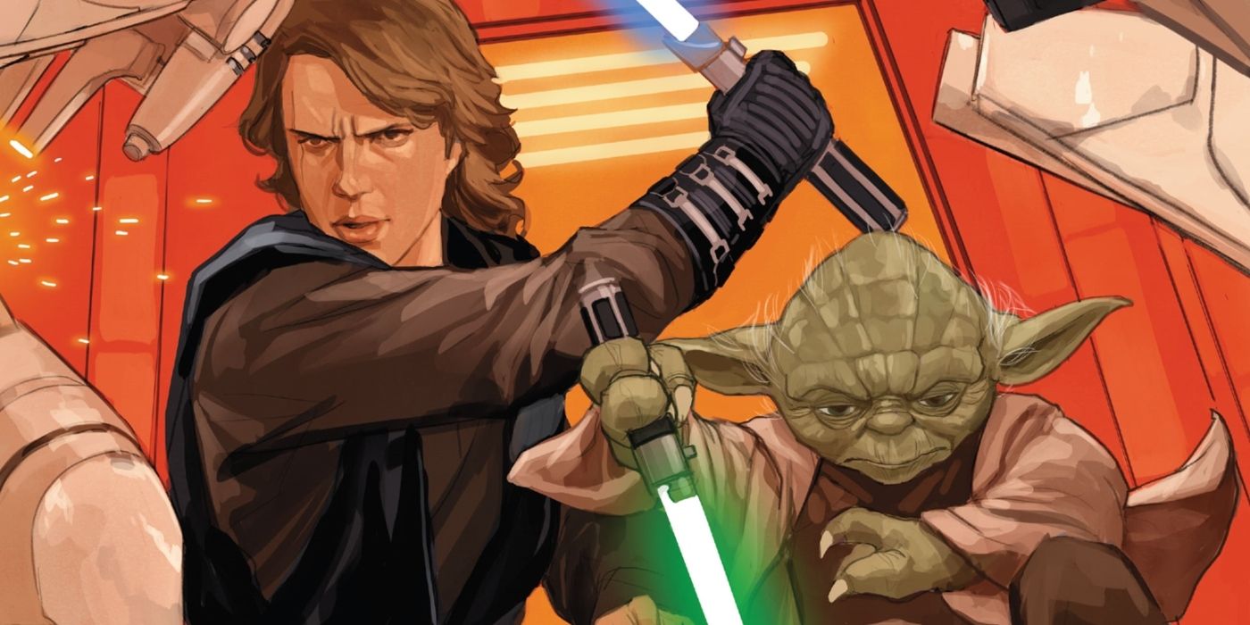 Yoda and Anakin Skywalker battling droids during the Clone Wars.