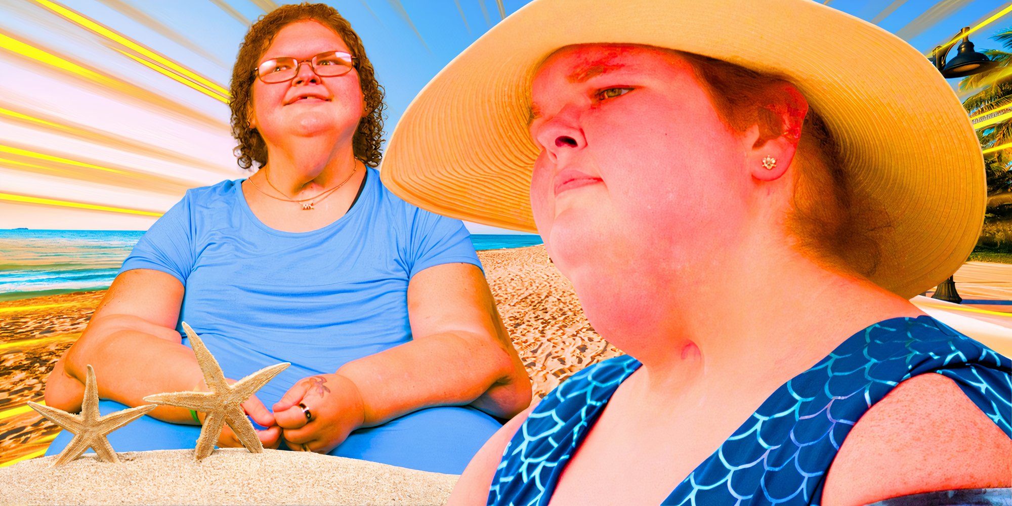 1000 lb sisters star tammy slaton in beach montage featuring tammy in sunhat and blue top with starfish