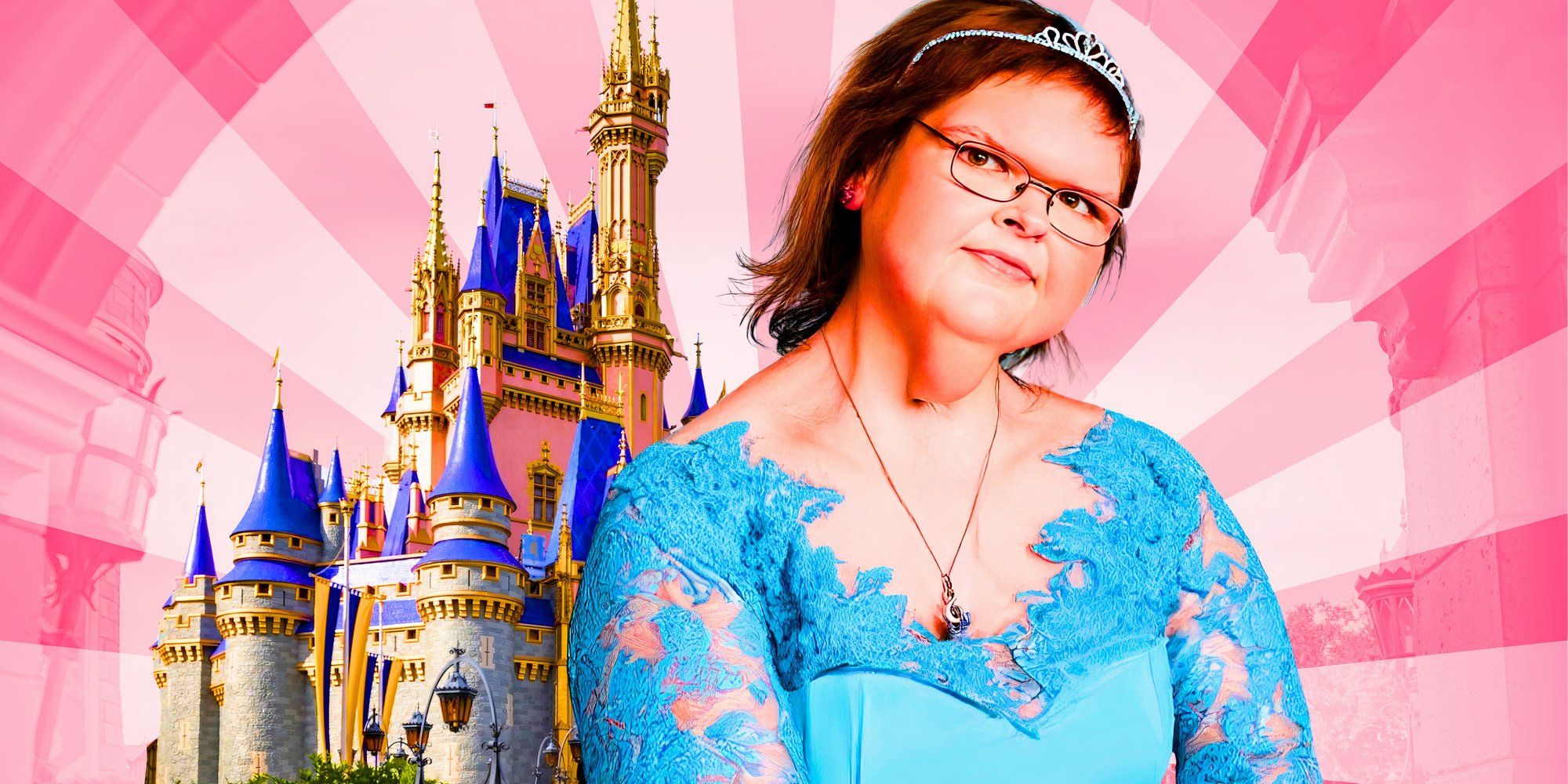 1000-Lb Sisters star Tammy  smiling in  pale blue ballgown and crown with disney castle background