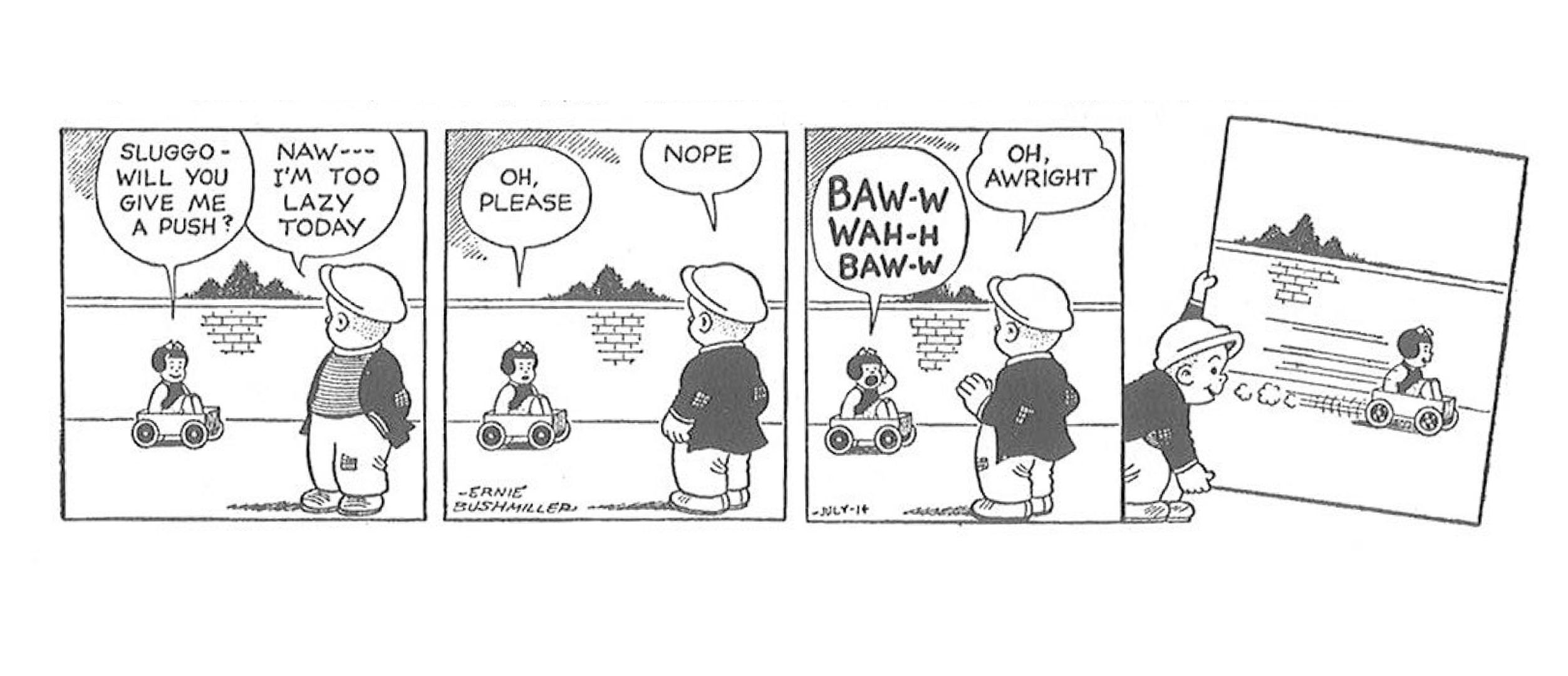 Nancy cries in her wagon until Sluggo gives her a push - by tilting the comic panel she's in downhill.