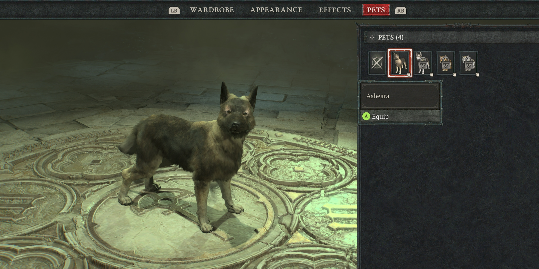 The Pets Menu in Diablo 4 showing the Asheara Dog being selected