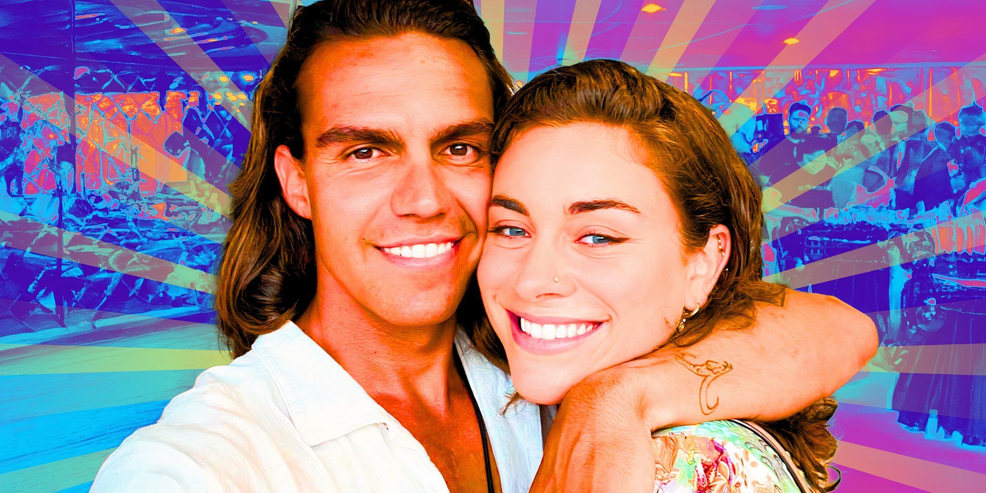  Ben and Sunny hugging and smiling from below deck multicolored background