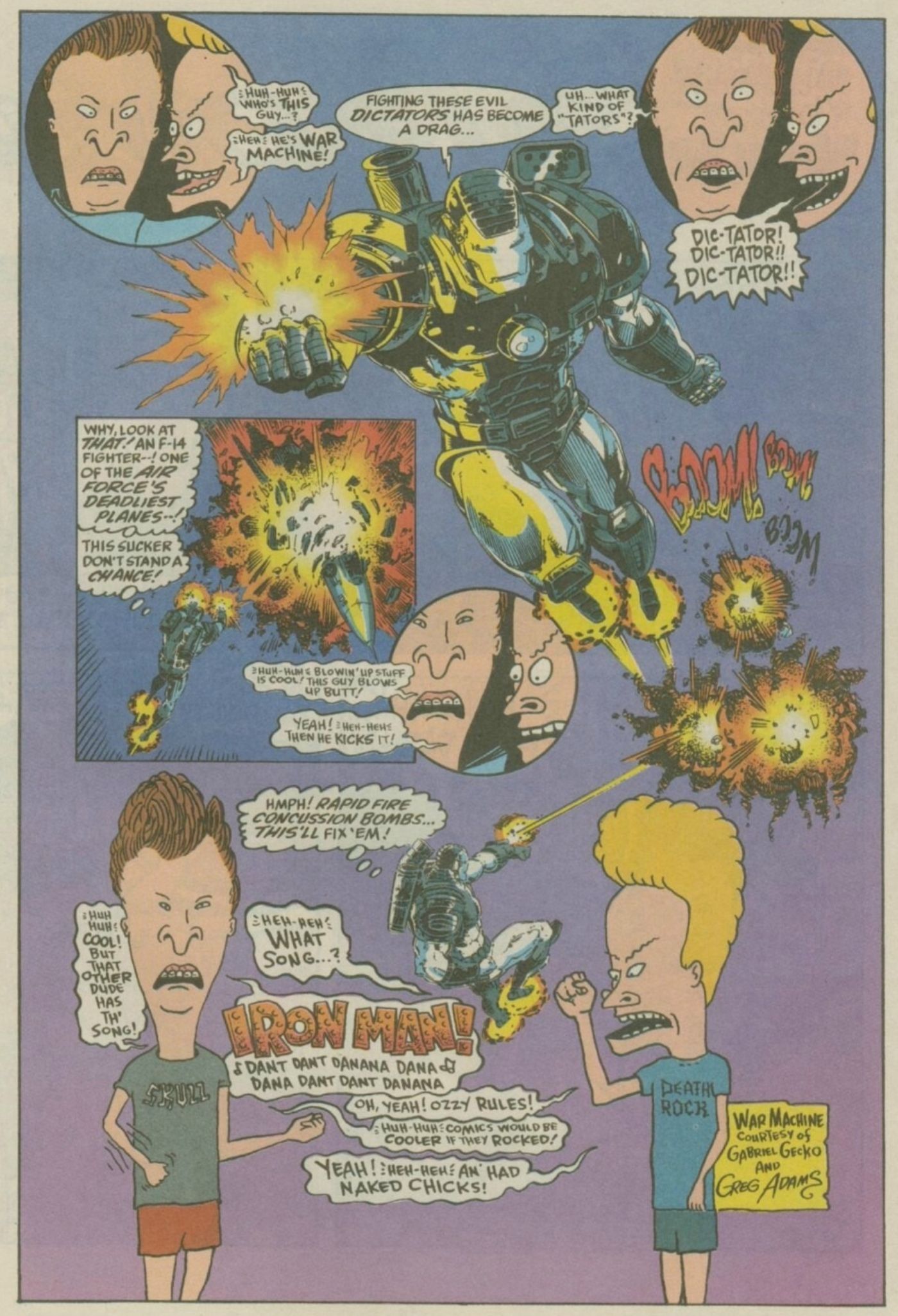 Beavis e Butt-Head lendo uma história em quadrinhos do War Machine, desejando que fosse o Homem de Ferro.
