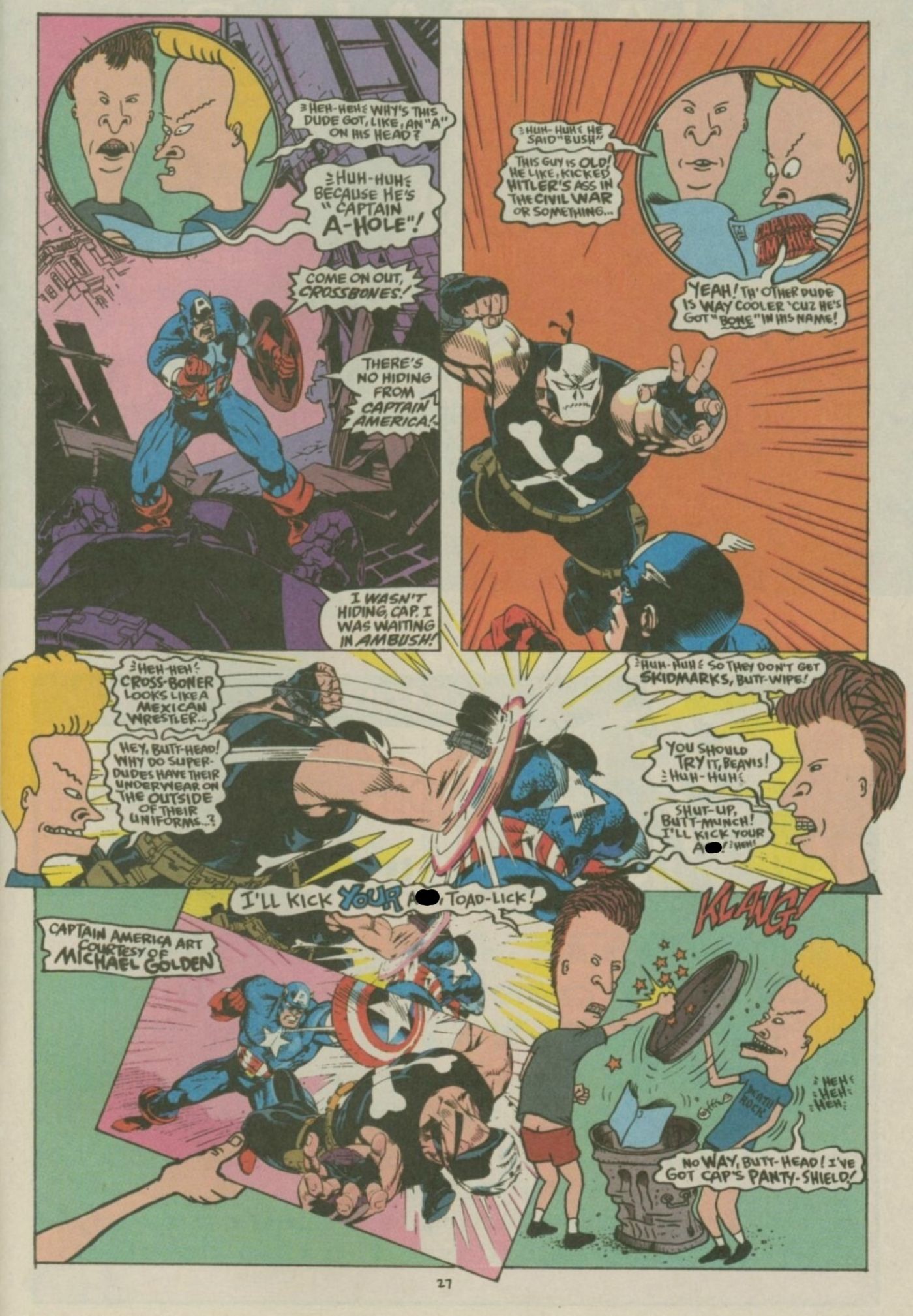 Beavis e Butt-Head lendo e comentando uma história em quadrinhos do Capitão América.