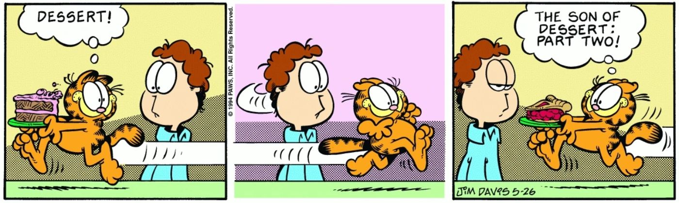 Garfield running back and forth with different desserts.