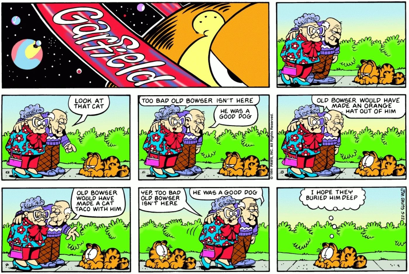 Garfield happy that an old couple's vicious dog is dead.