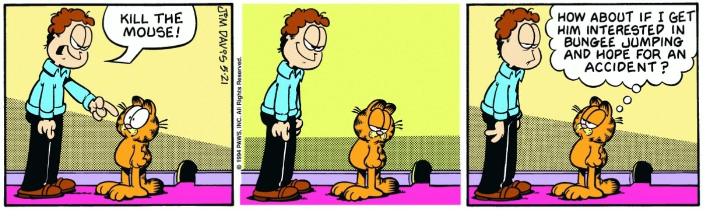 Garfield refusing to hunt mice at Jon's request. 