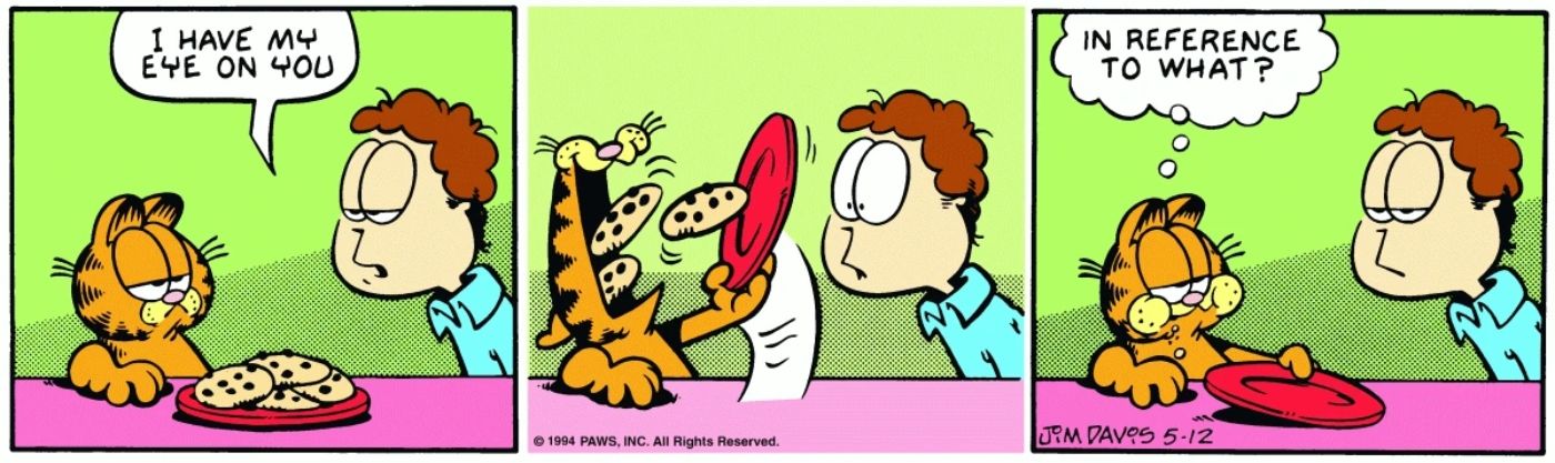 Garfield eating a plate of cookies after Jon told him not to.