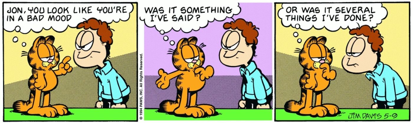 Garfield asking Jon why he's mad at him.