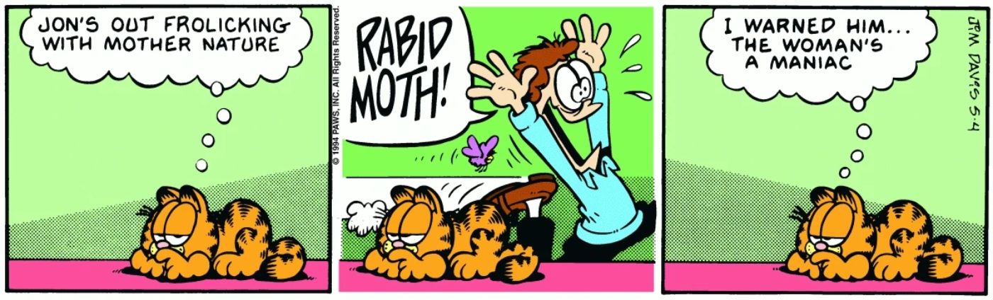 Garfield commenting on Jon running away from a moth.