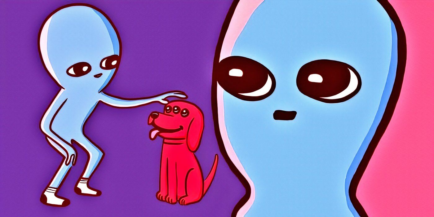 A Strange Planet blue being petting a red three-eyed dog.