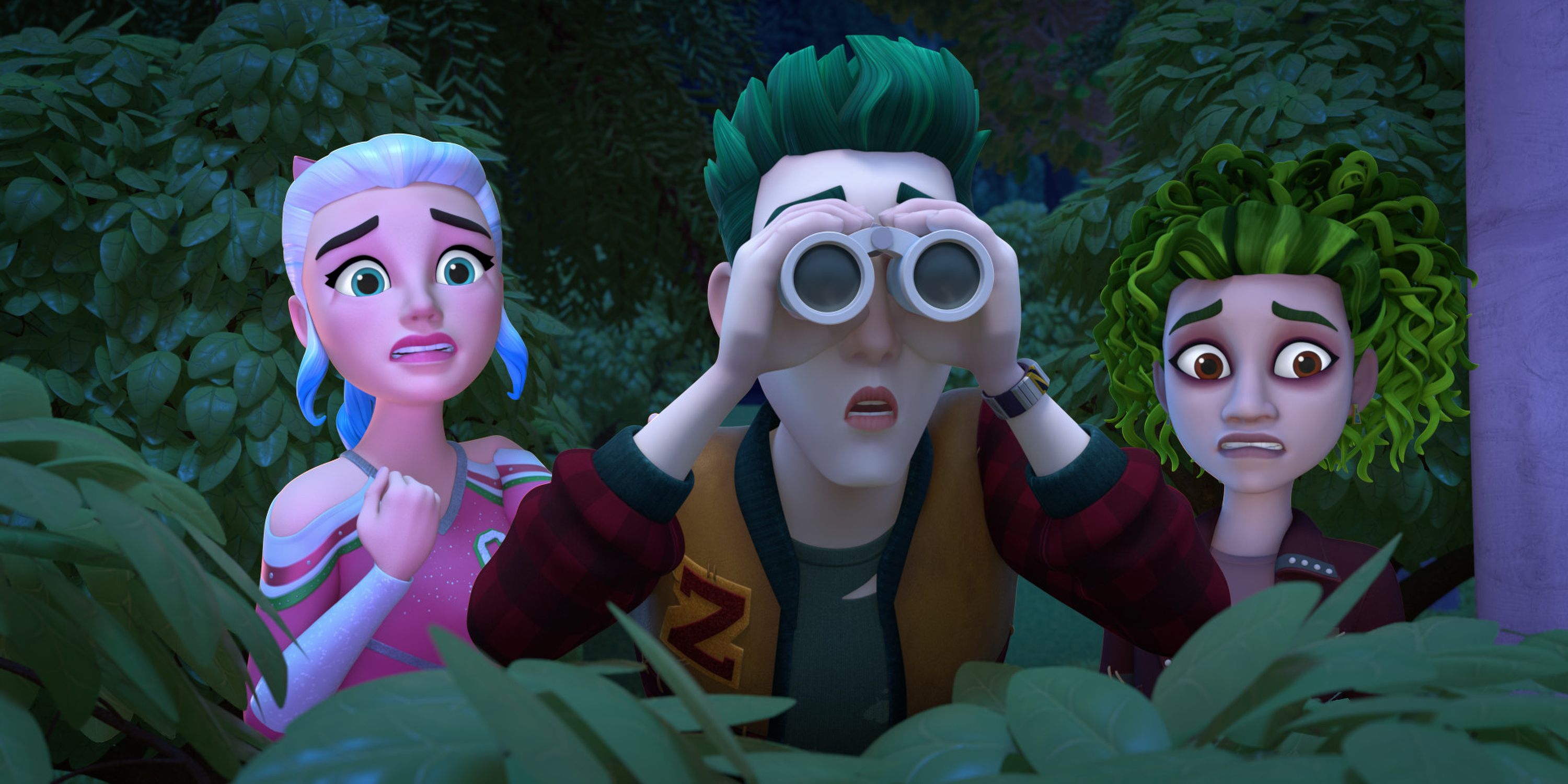 Addison, Zed, and Eliza spying in ZOMBIES: The Re-Animated Series.