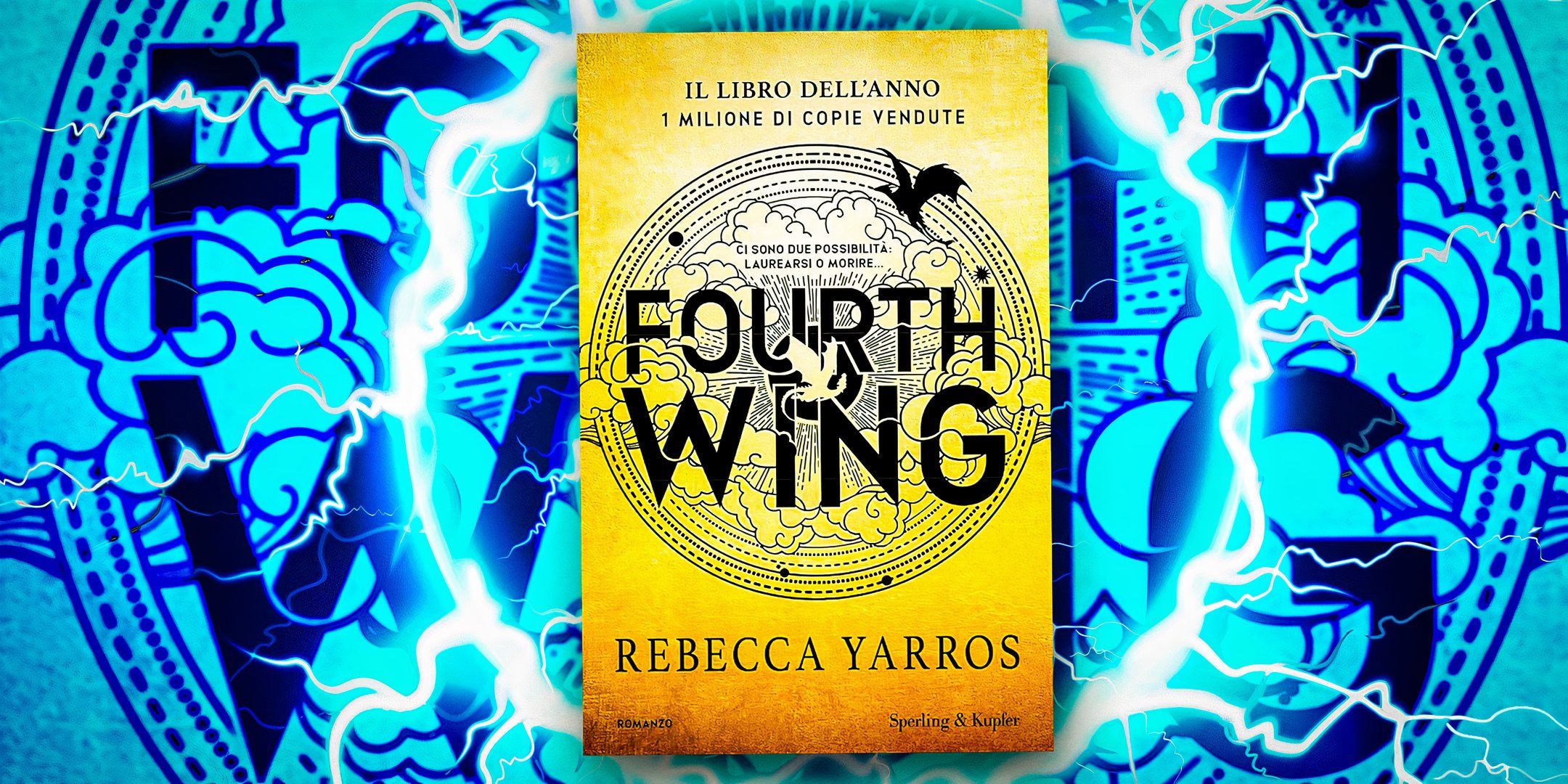 A composite image of the Fourth Wing book cover against a bright blue background