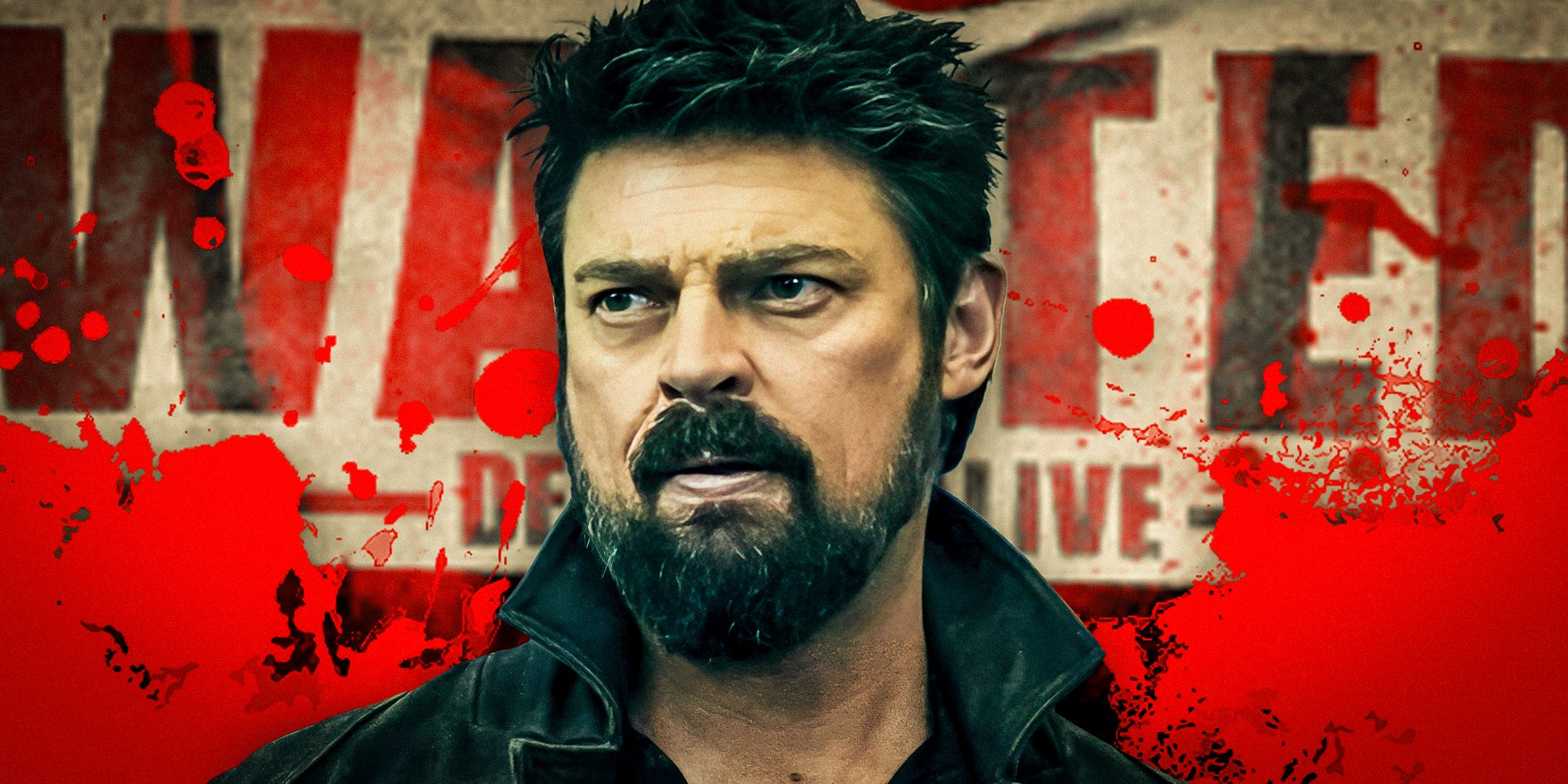 Karl Urban looking annoyed in The Boys season 4 with a bloody background and wanted poster