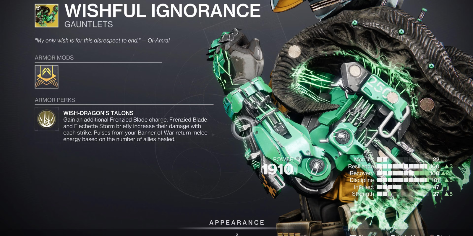 Tela de estatísticas de Destiny 2 Wishful Ignorance, incluindo detalhes de vantagens