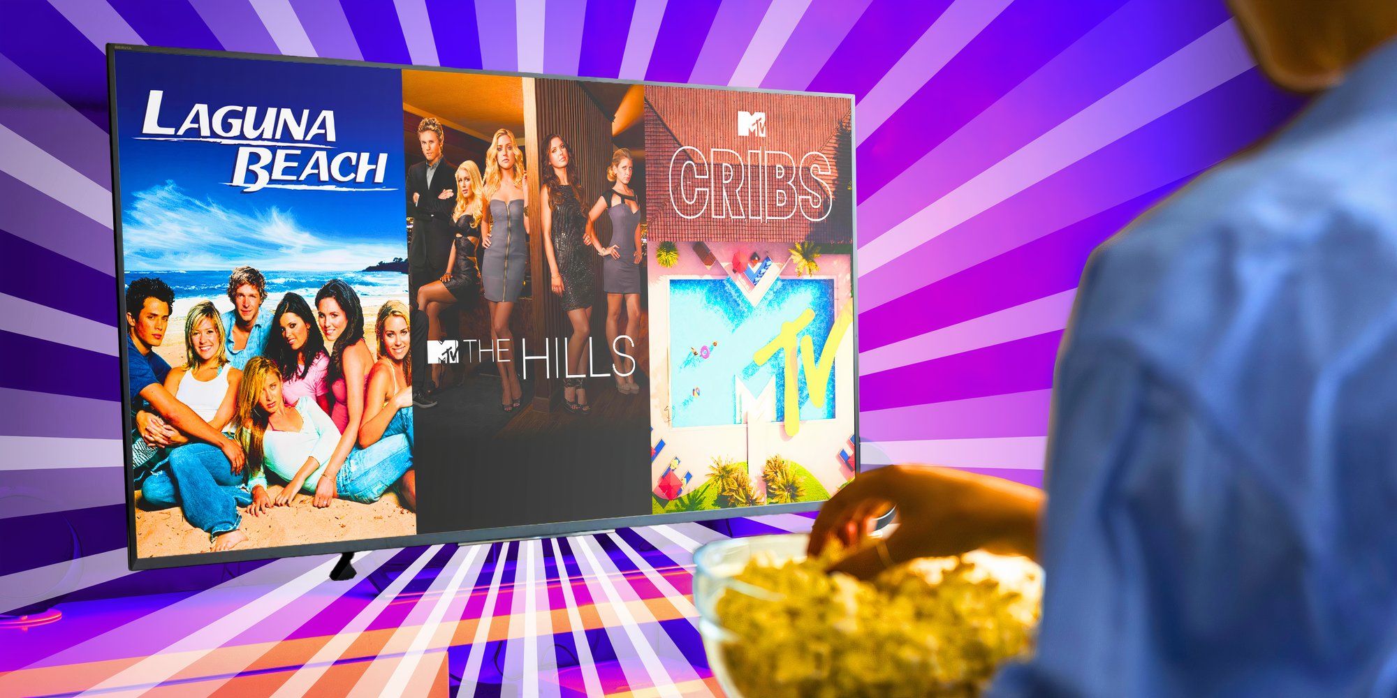 la persona que come palomitas con MTV Cribs, Laguna Beach y The Hills en la TV