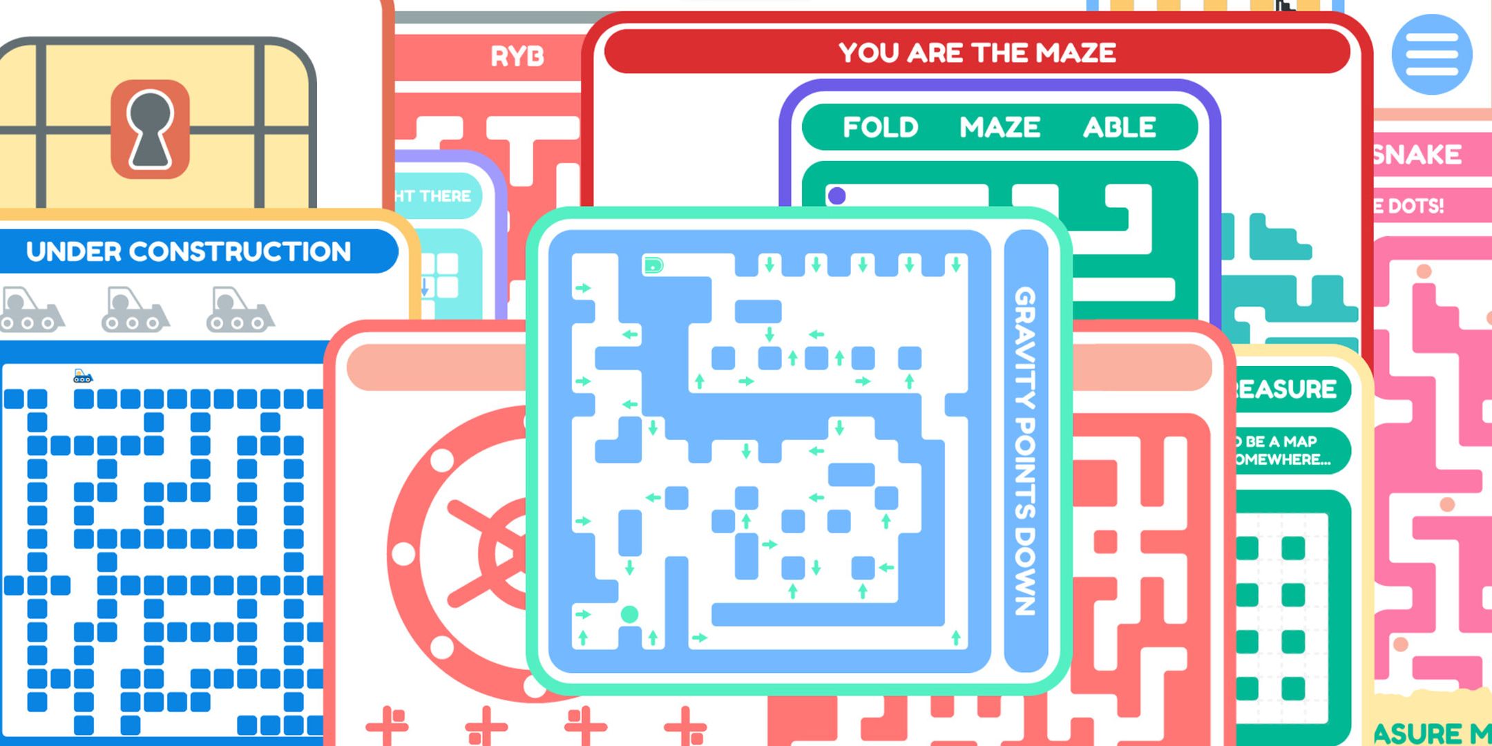 Various mazes of different colors and types overlapping in 20 Small Mazes.