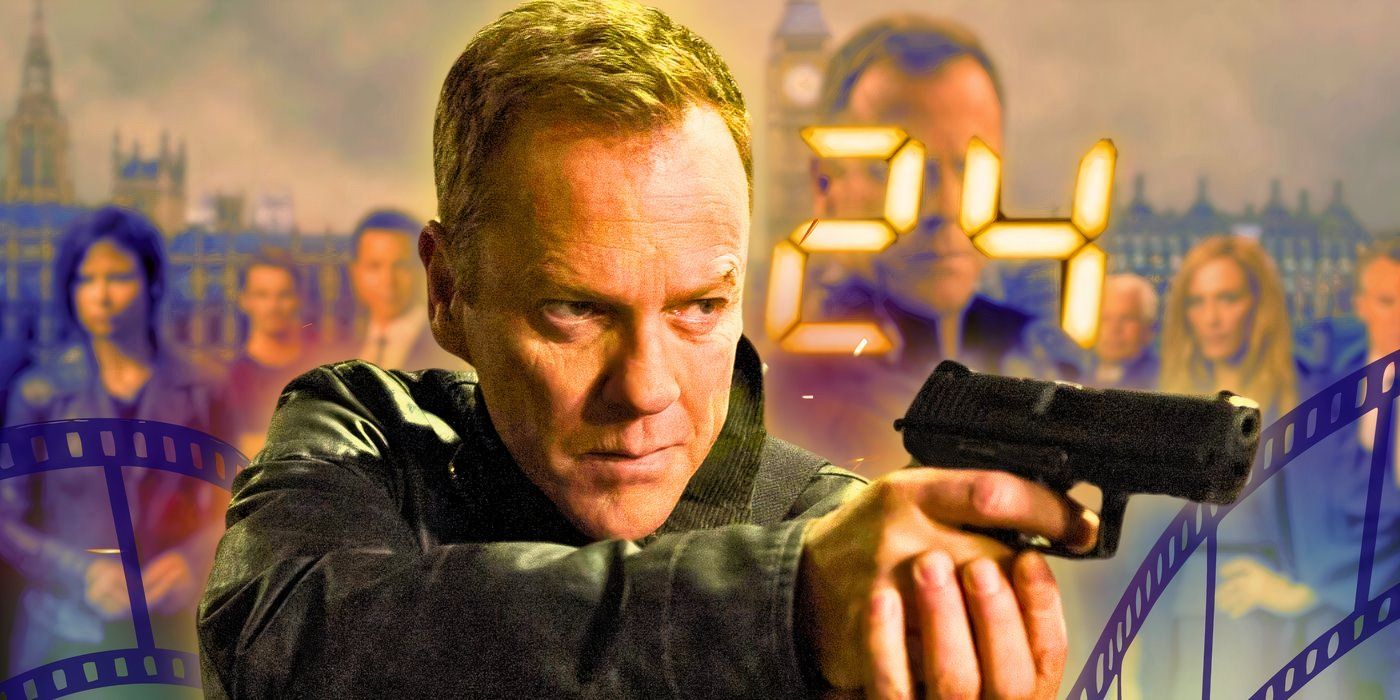 A custom image of Kiefer Sutherland as Jack Bauer holding up a gun on top of an image of 24's characters.
