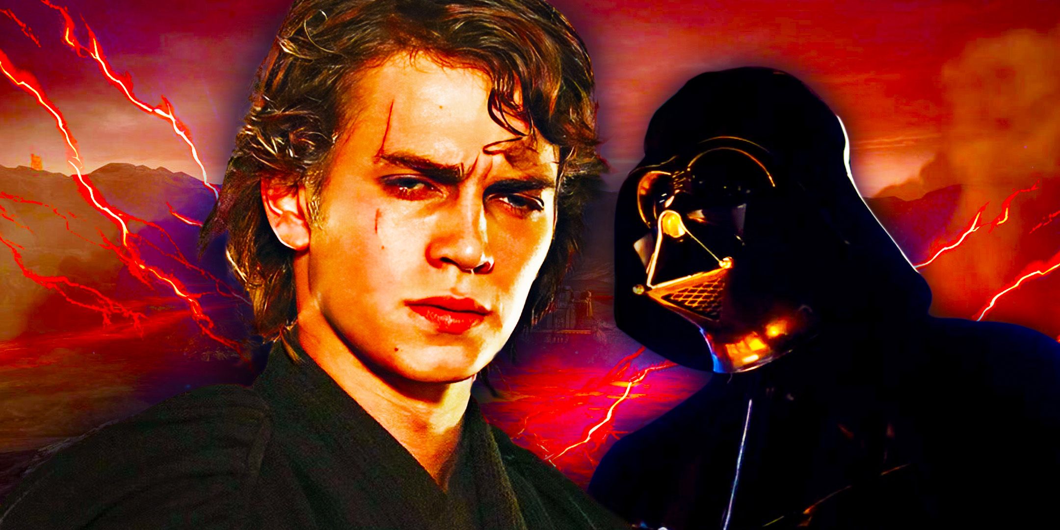 Anakin Skywalker in Revenge of the Sith to the left and Darth Vader to the right in a combined image in front of a red background image with lightning 