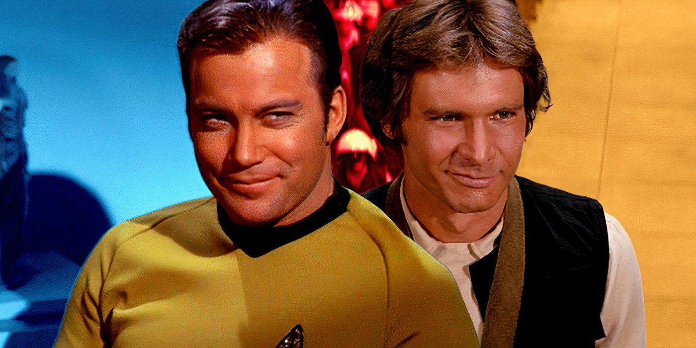 Capitão Kirk de Star Trek: A Série Original sorrindo diante de um fundo azul e Han Solo de Star Wars: Uma Nova Esperança sorrindo diante de um fundo vermelho e amarelo.