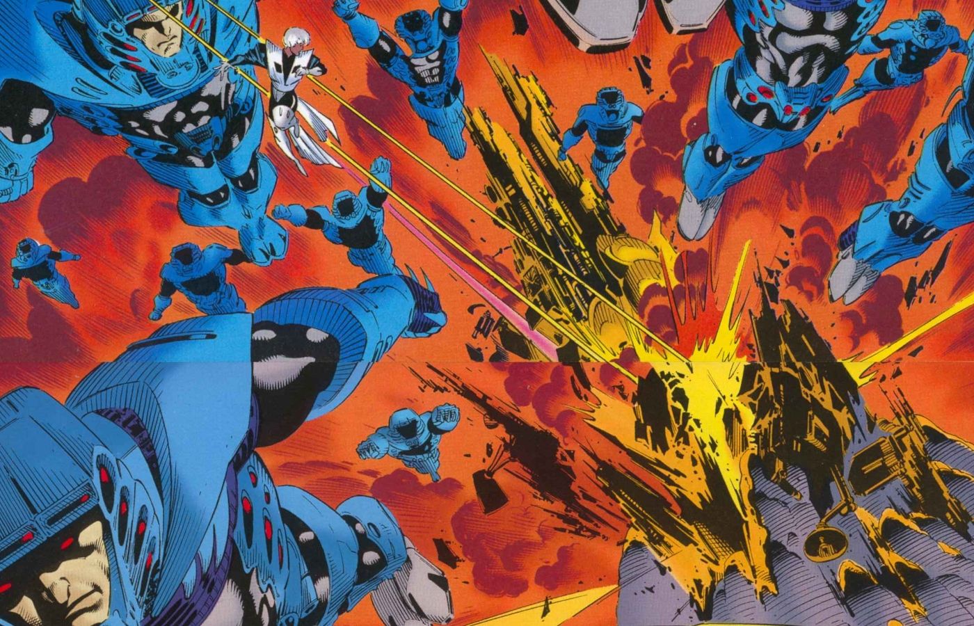 A legion of Sentinels attacking the X-Men in Age of Apocalypse.