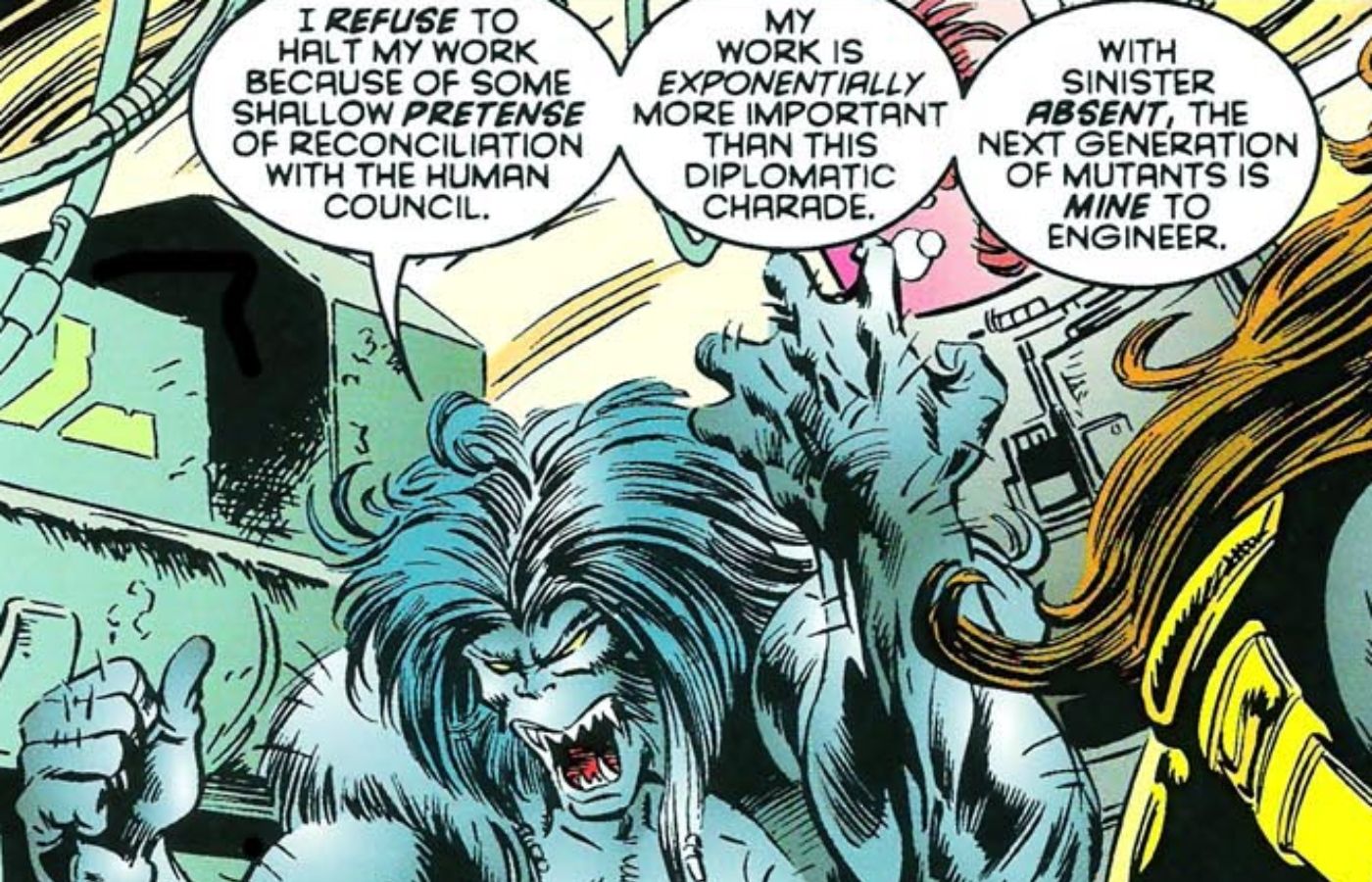 Age of Apocalypse's Dark Beast discussing mutant experimentation with Cyclops.