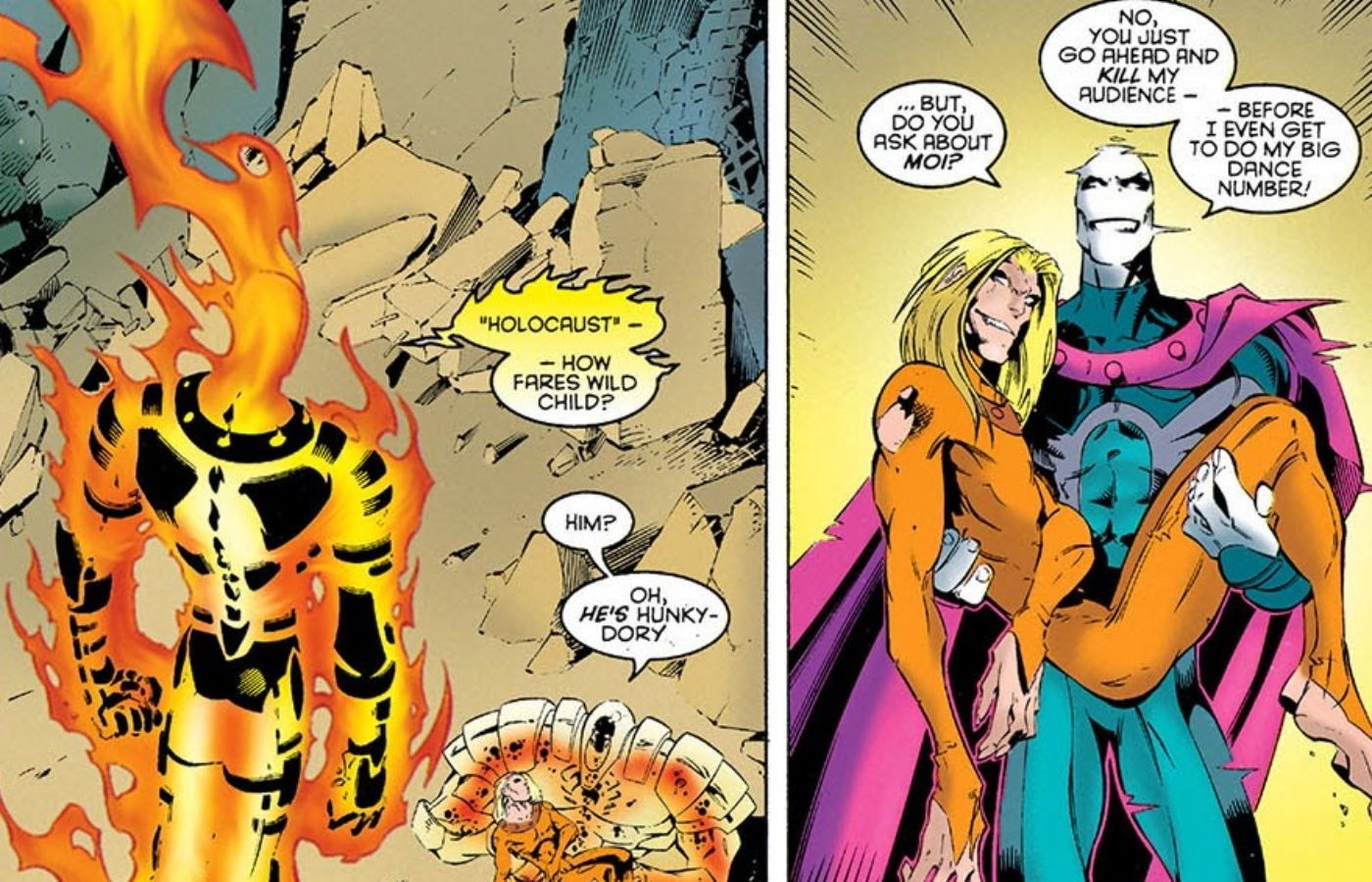Morph pretending to be Holocaust while holding Wildchild in Age of Apocalypse.