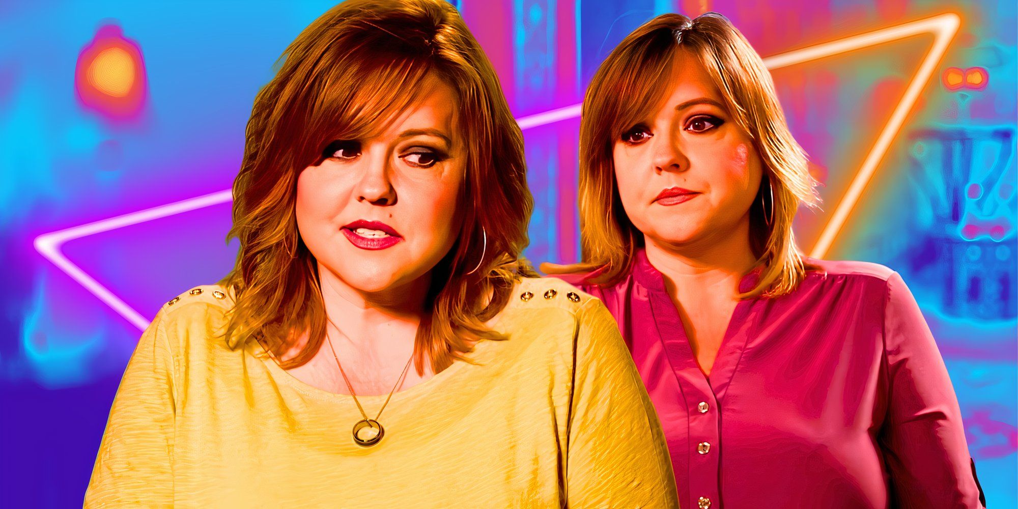 90 Day Fiancé’s Rebecca Parrott looks unsure while wearing yellow and red shirts in a montage image.