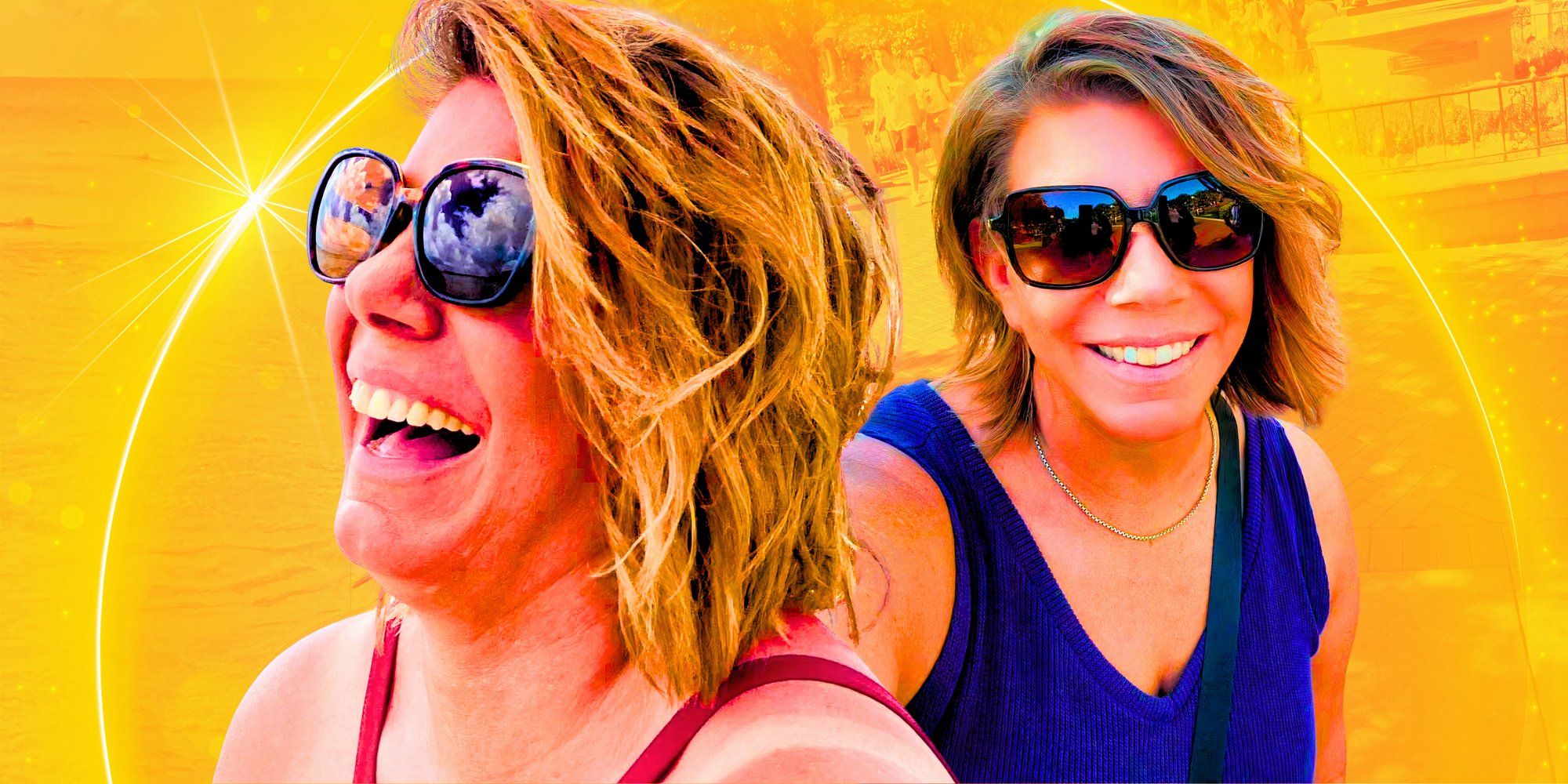 montage of sister wives meri wearing sunglasess laughing and smiling with yellow background