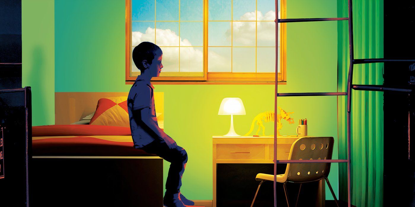 Uma criança sentada em uma cama na capa de The Institute, de Stephen King