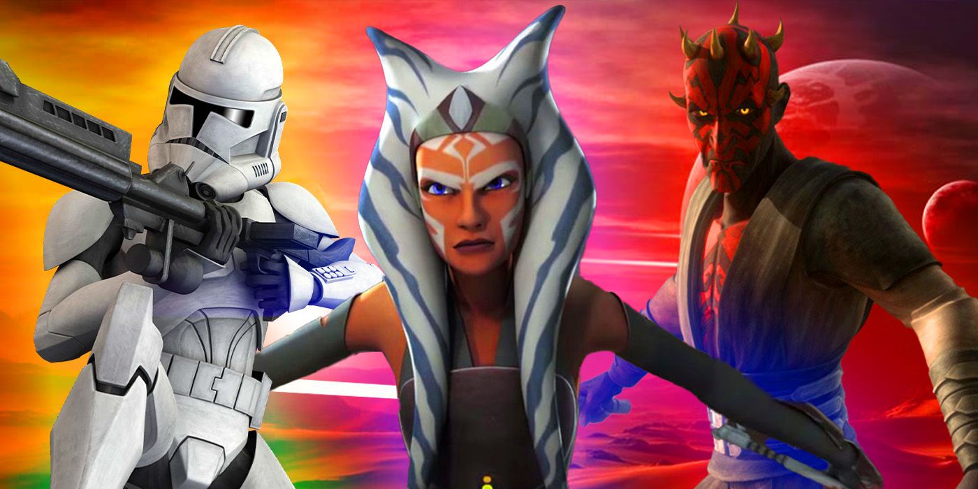 A Clone Trooper (in Phase II armor) Ahsoka Tano and Darth Maul in Star Wars The Clone Wars.