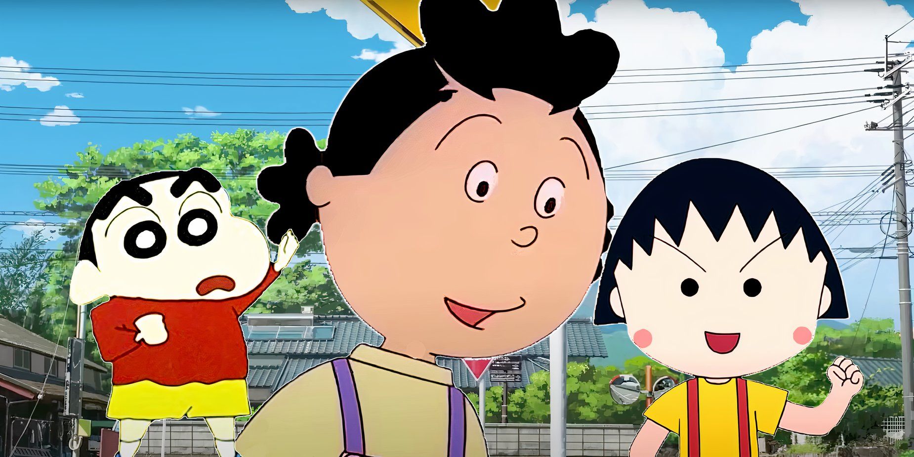 A collage featuring Crayon-shin, Sazae-san, and Chibi Maruko-san