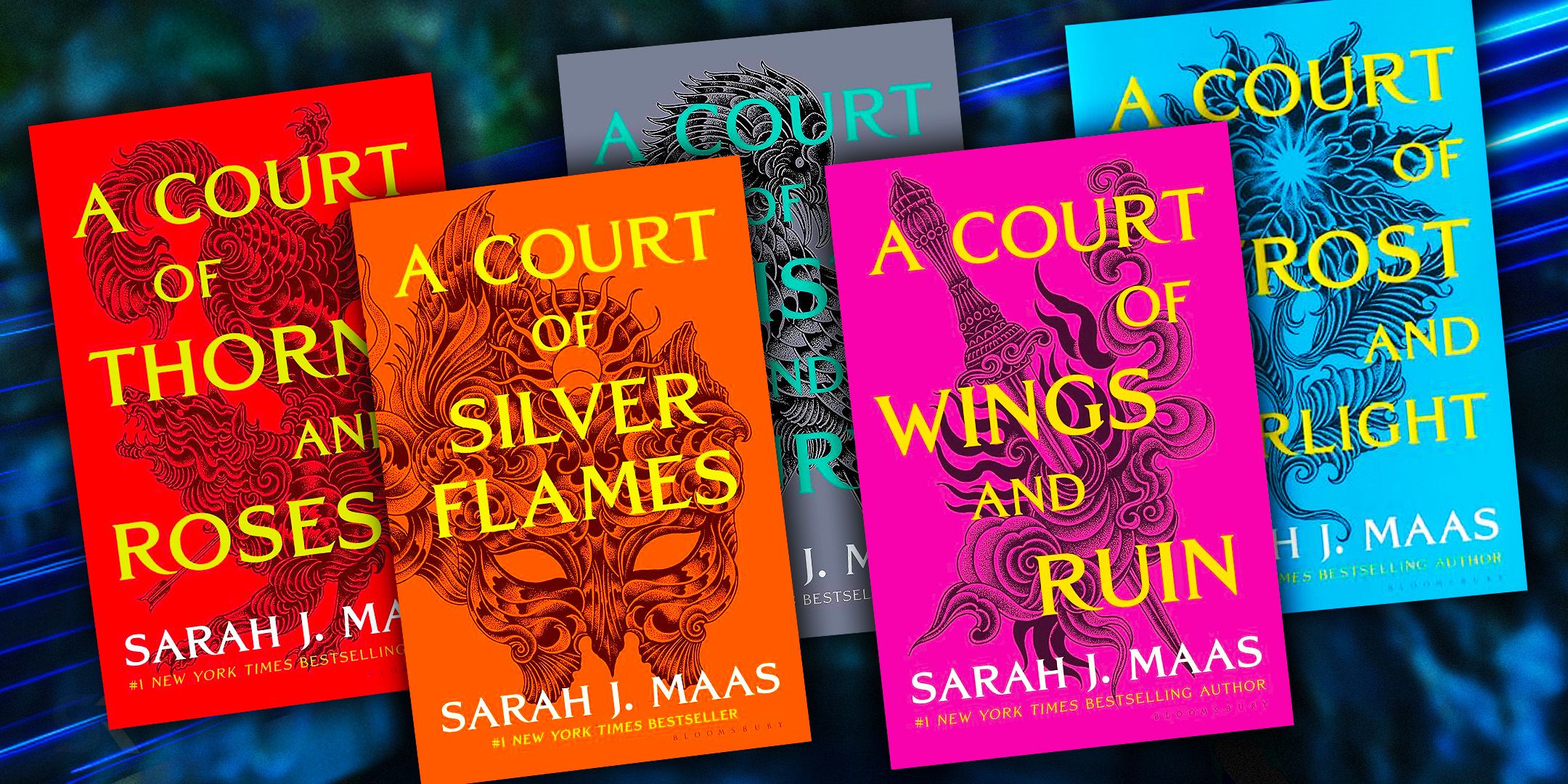 The covers of all five books in Sarah J. Maas' Court of Thorns & Roses series