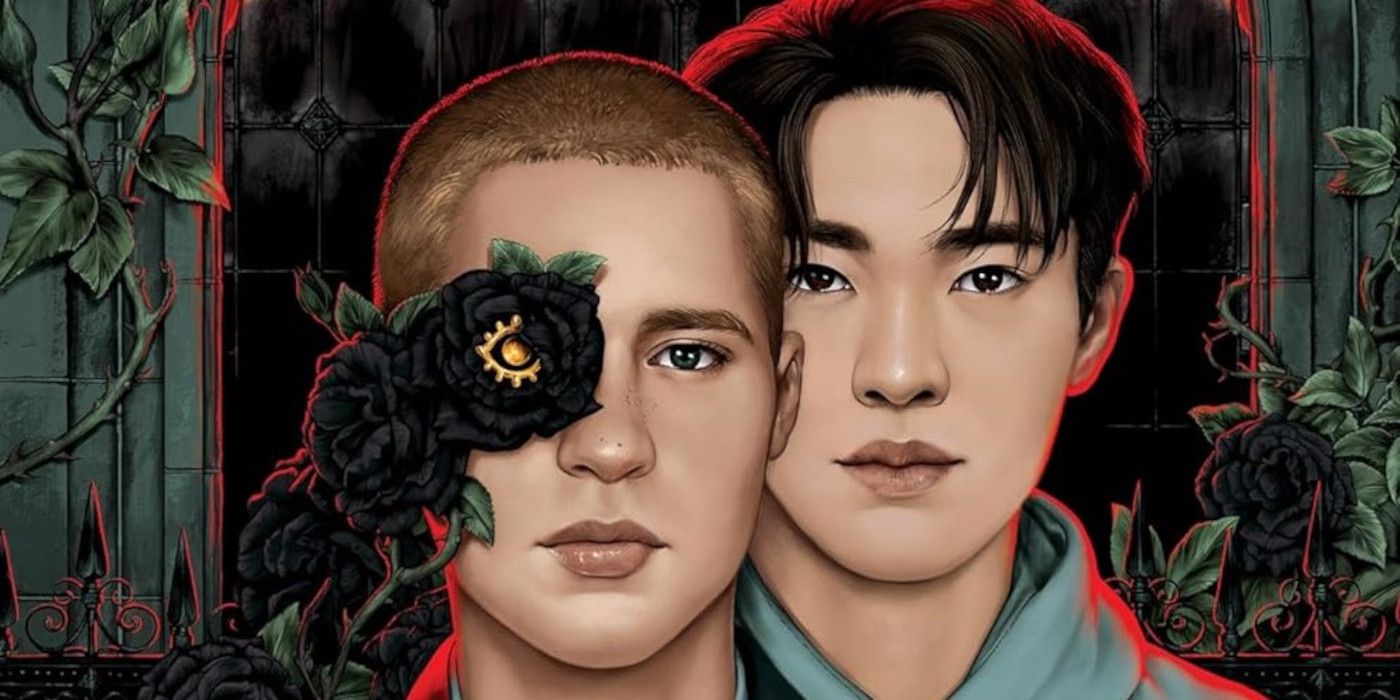 A Darker Mischief Cover featuring two boys, one of whom has one eye covered by a black flower