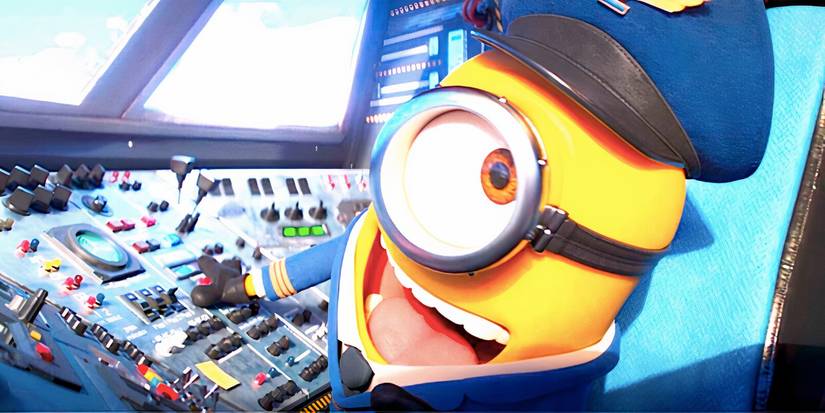 A demented minion mans the controls of a passenger plane in Minions The Rise of Gru