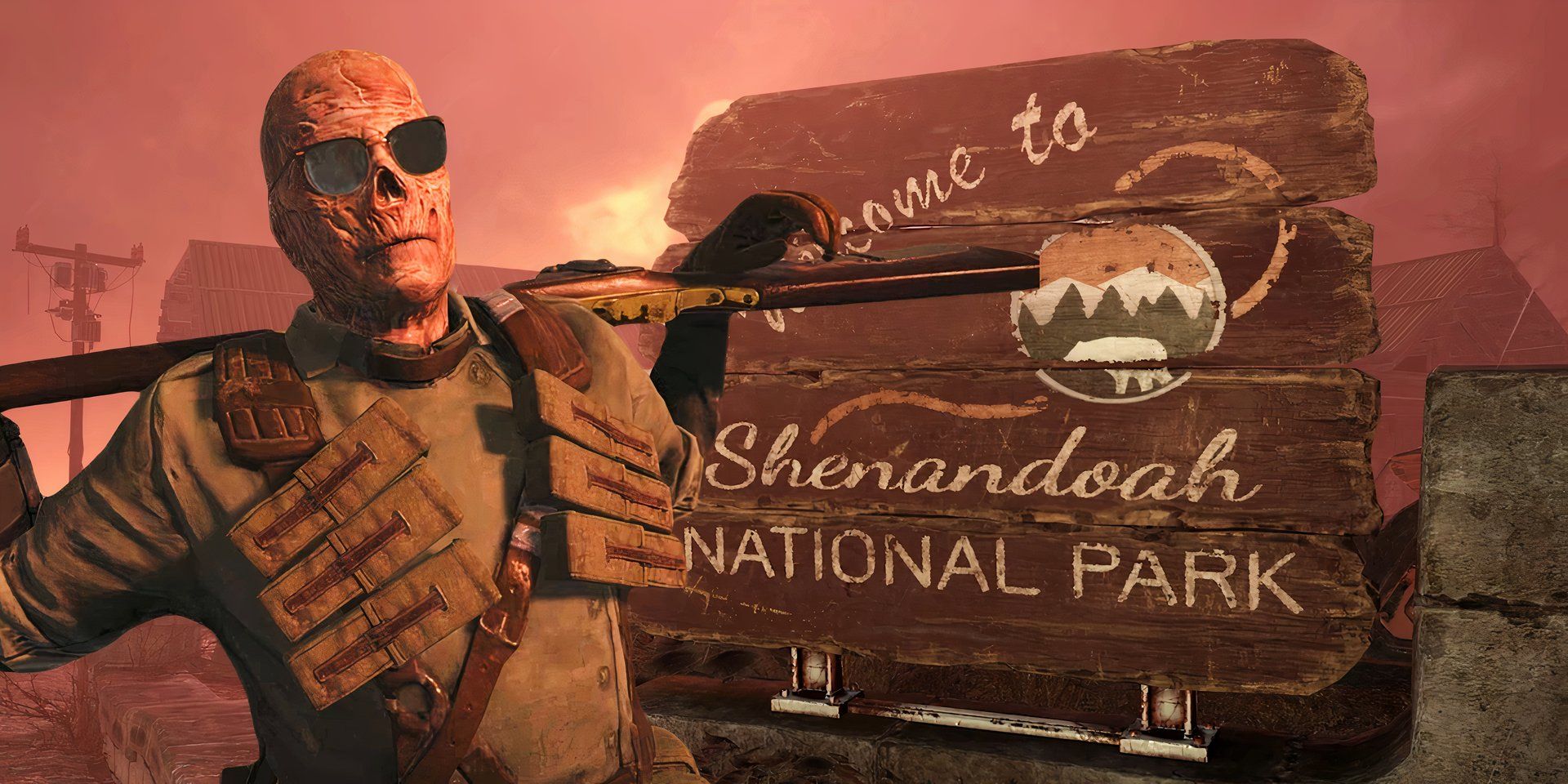 Um ghoul usando óculos escuros pendura um rifle sobre os ombros em frente à placa do parque nacional Bem-vindo ao Shenandoah em uma captura de tela do trailer de Fallout 76 Skyline Valley.