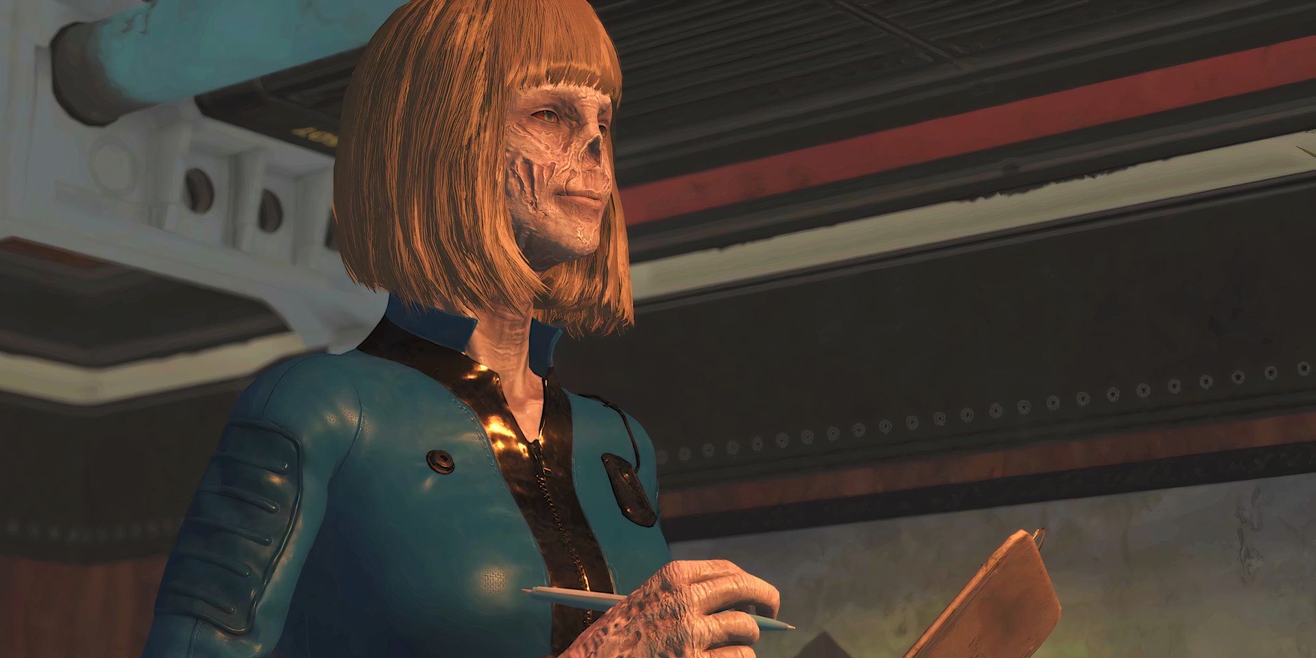 Ghoul dengan bob pirang, mengenakan setelan Vault, memegang pensil di satu tangan dan papan klip di tangan lainnya dalam tangkapan layar dari trailer Fallout 76 Skyline Valley.