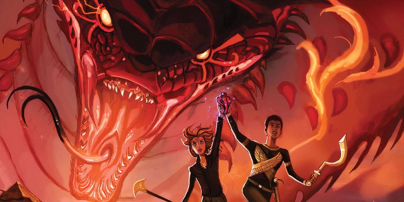 A giant snake chasing after two characters on the cover of The Serpent's Shadow of The Kane Chronicles.